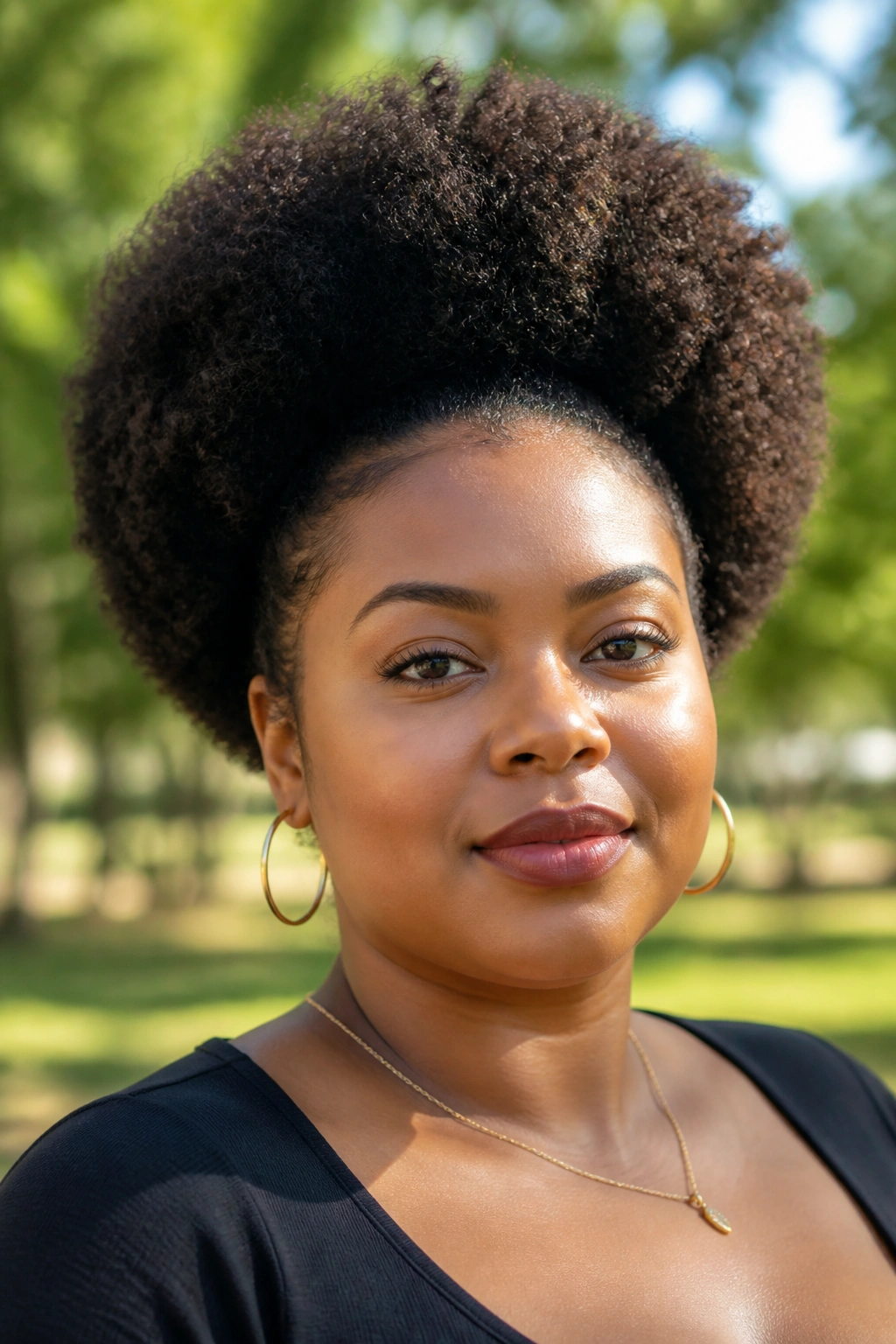 Portrait of a real woman with a rounded Afro hairstyle with height at the crown