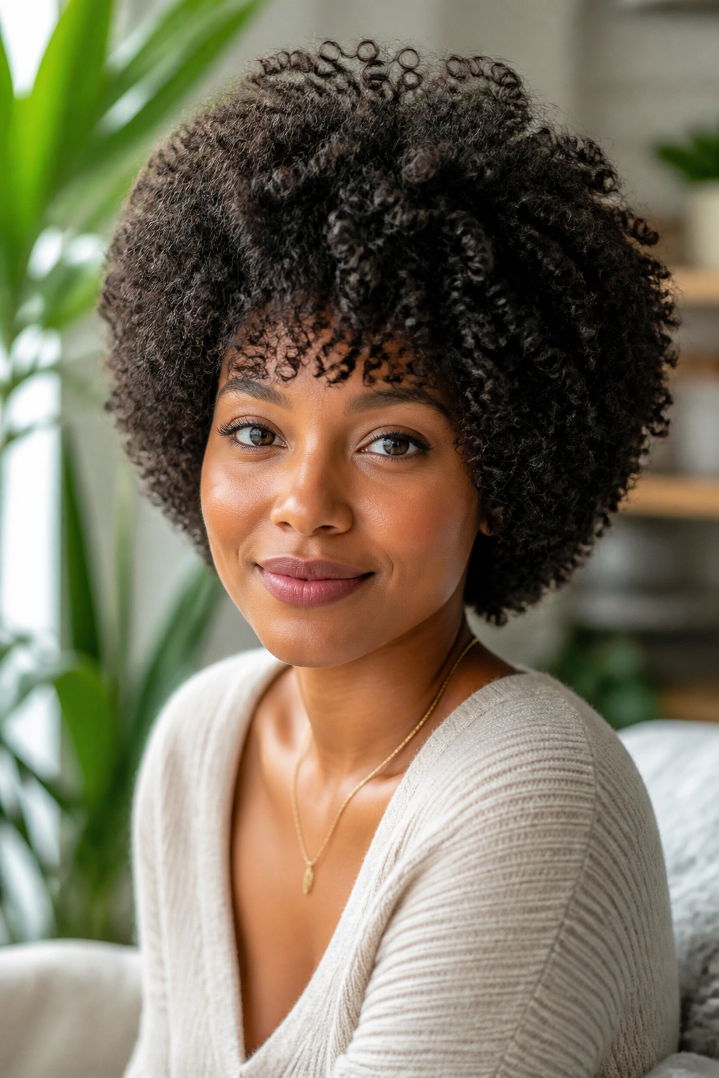 Close-up of real person with rounded Afro and light layering in warm indoor light.