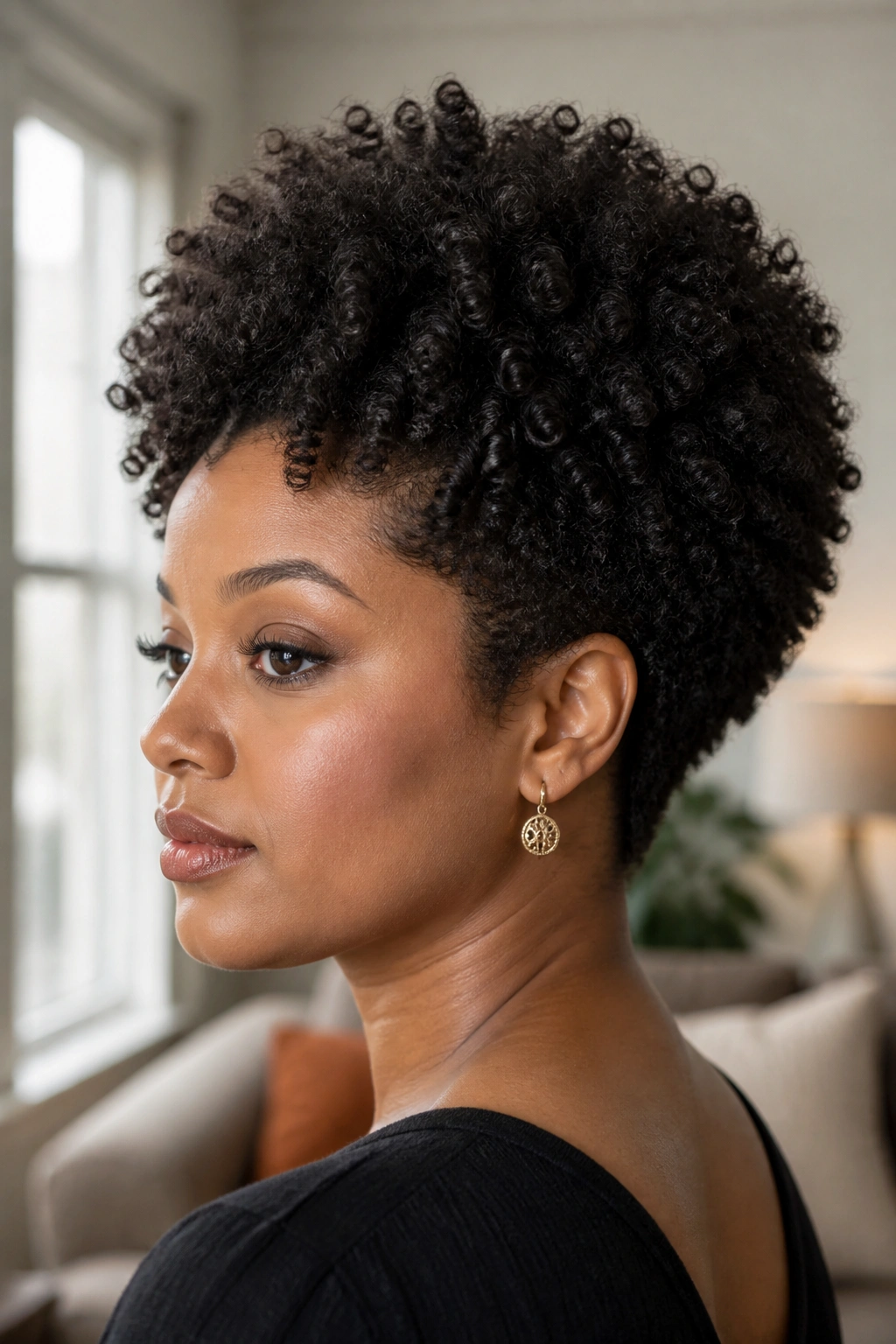 Close-up of a real woman with rounded coily Afro and narrow nape in a softly lit living room
