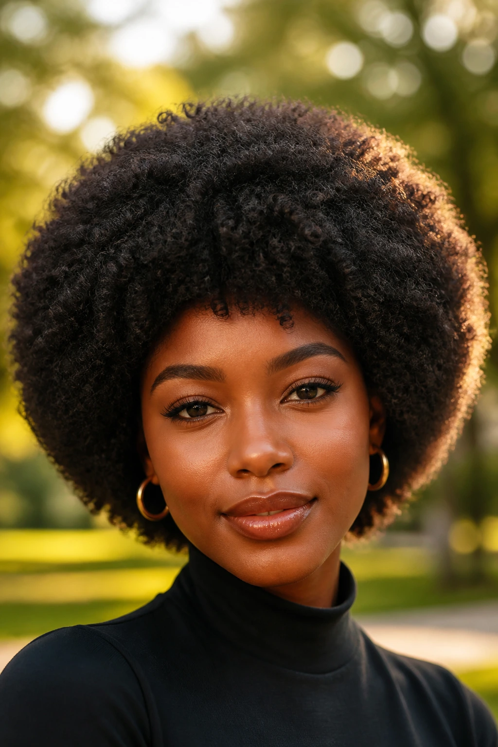 Close-up of a real person with a rounded Afro shape outdoors