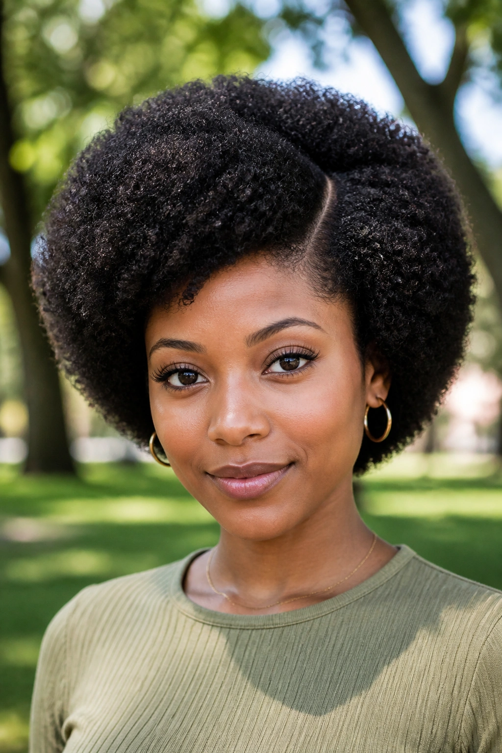 Close-up portrait of a woman with a rounded afro and side part in natural outdoor light
