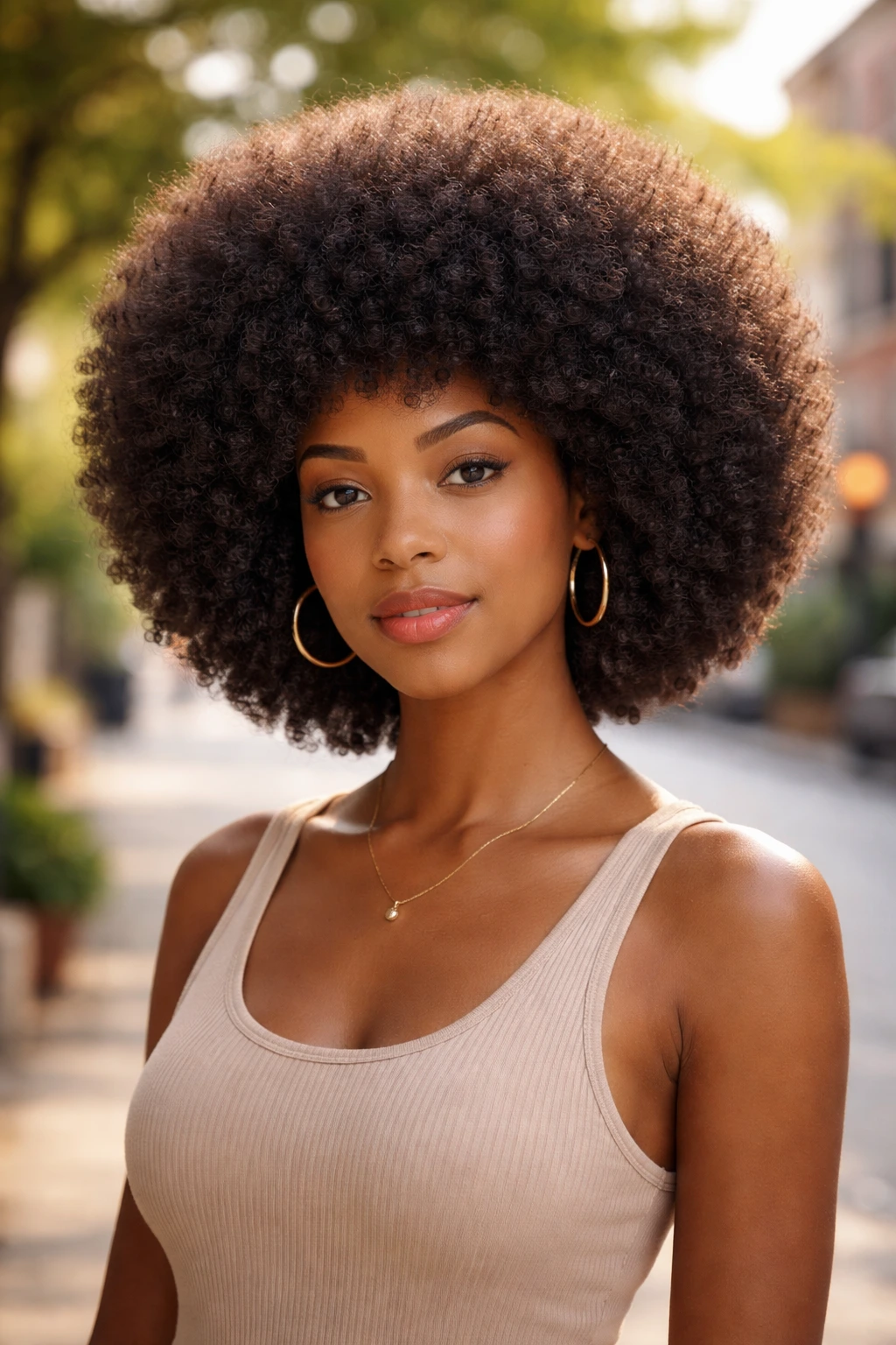 Portrait of a real person with a rounded afro, filling the frame