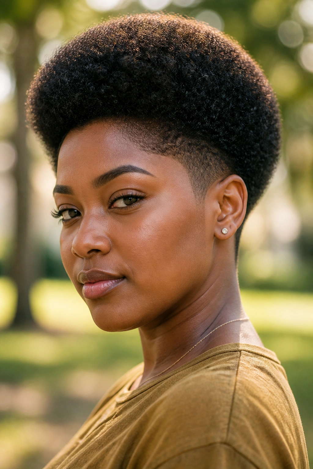 Close-up of person with rounded Afro shaped at temples in natural light