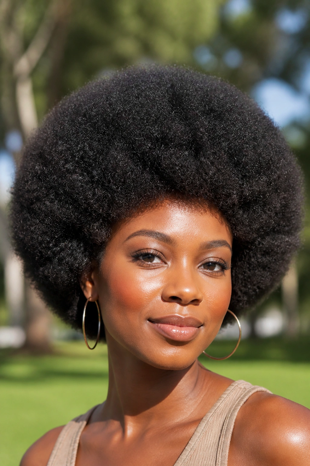 Close-up of a real woman with a rounded afro silhouette on dense natural hair.