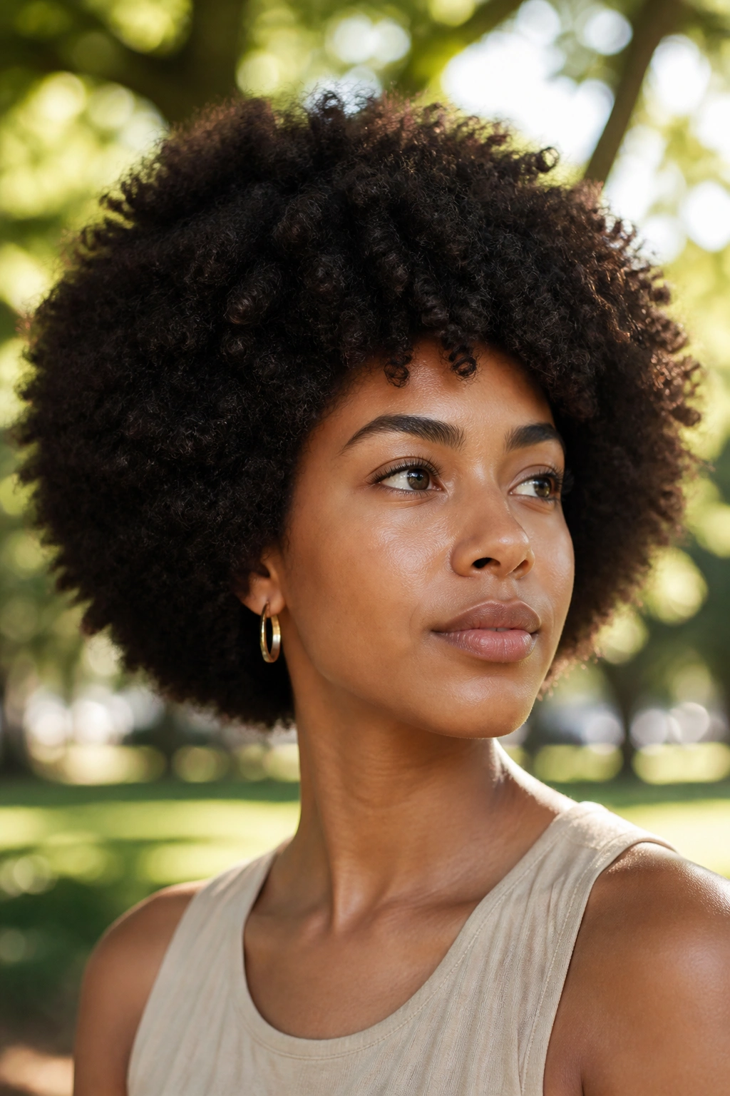 Close-up of a real person with rounded afro and side width