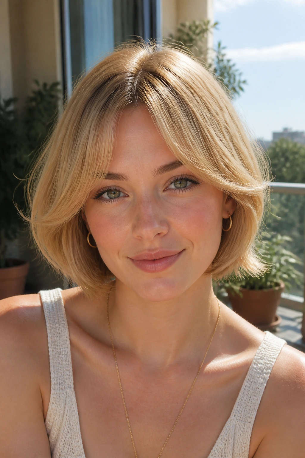Close-up of a real person with soft rounded arched bangs in golden blonde.