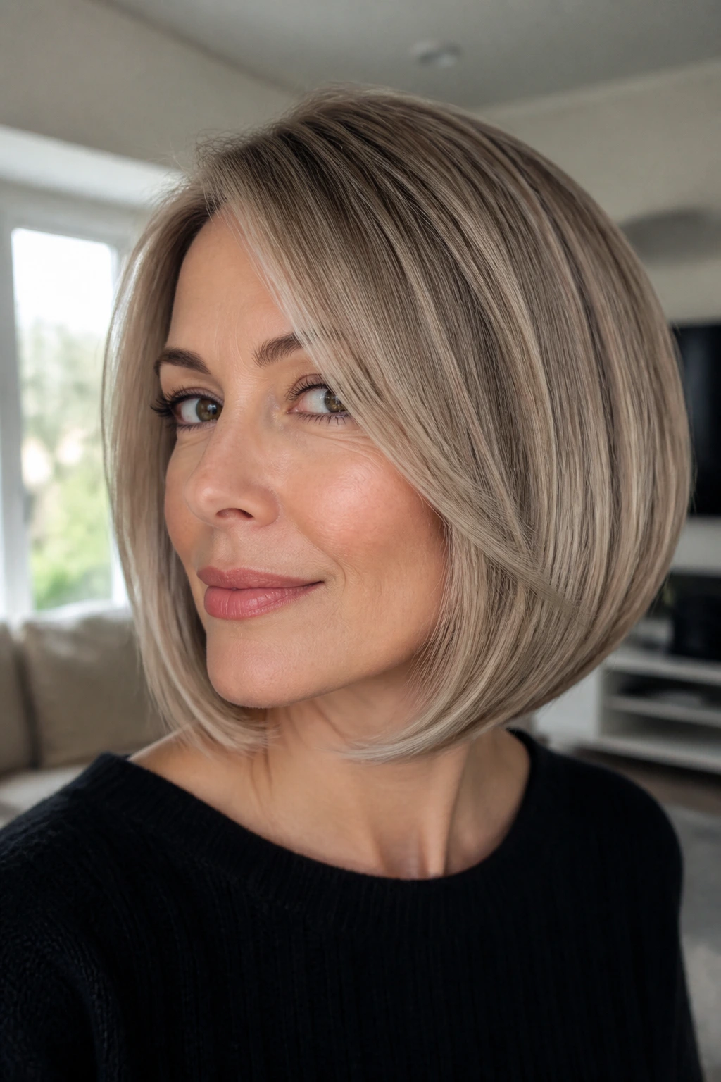 Real woman with rounded ash bob, curved ends, clean look