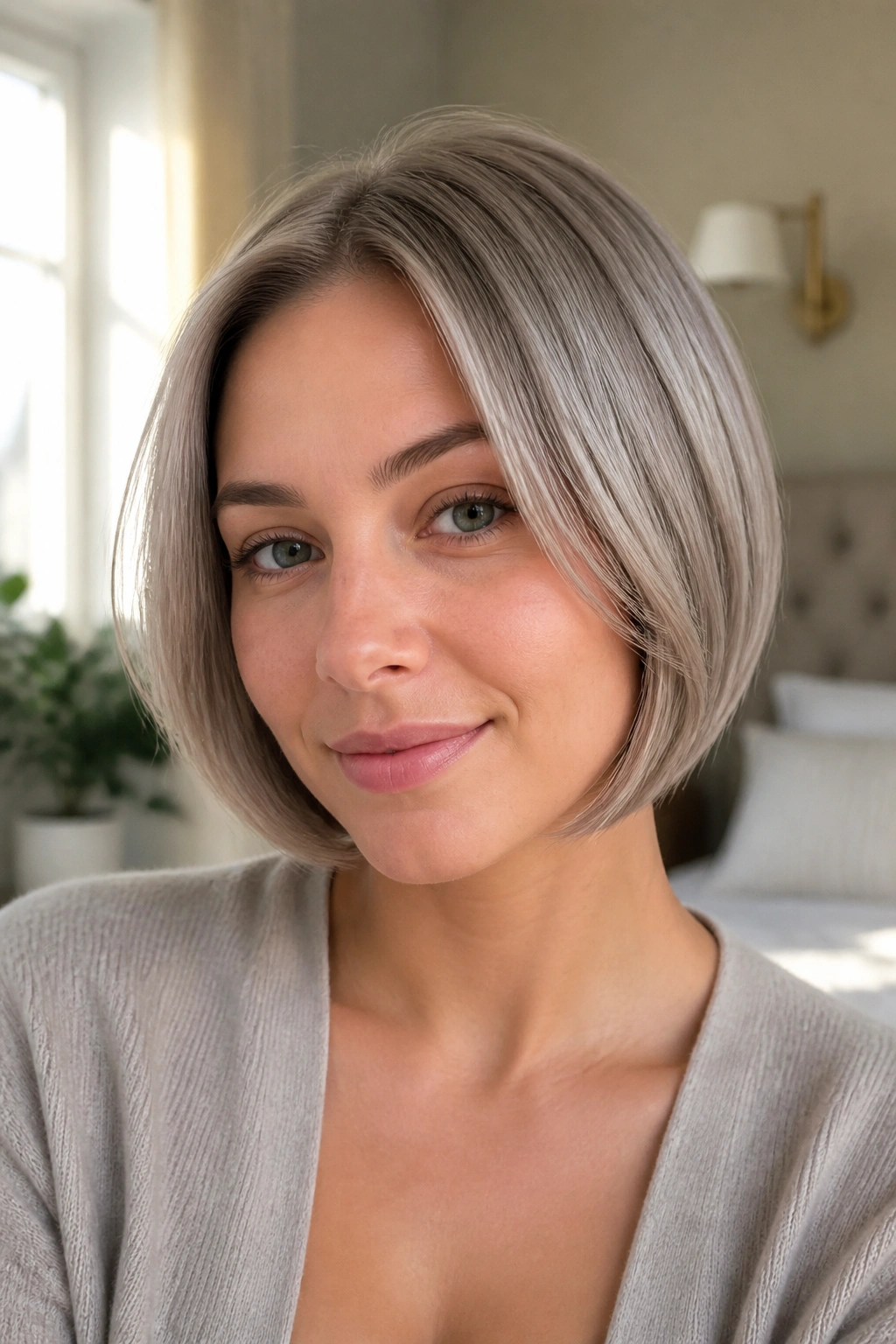 Close-up portrait of rounded ash bob with tucked ends on a real woman