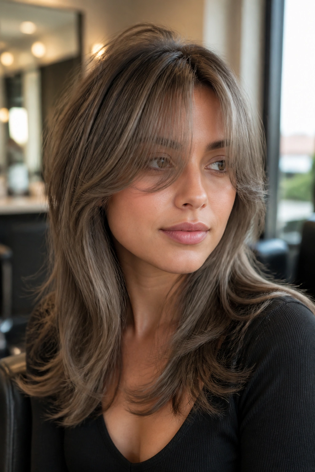 Close-up of a real woman with rounded ash curtain bangs and crown volume.