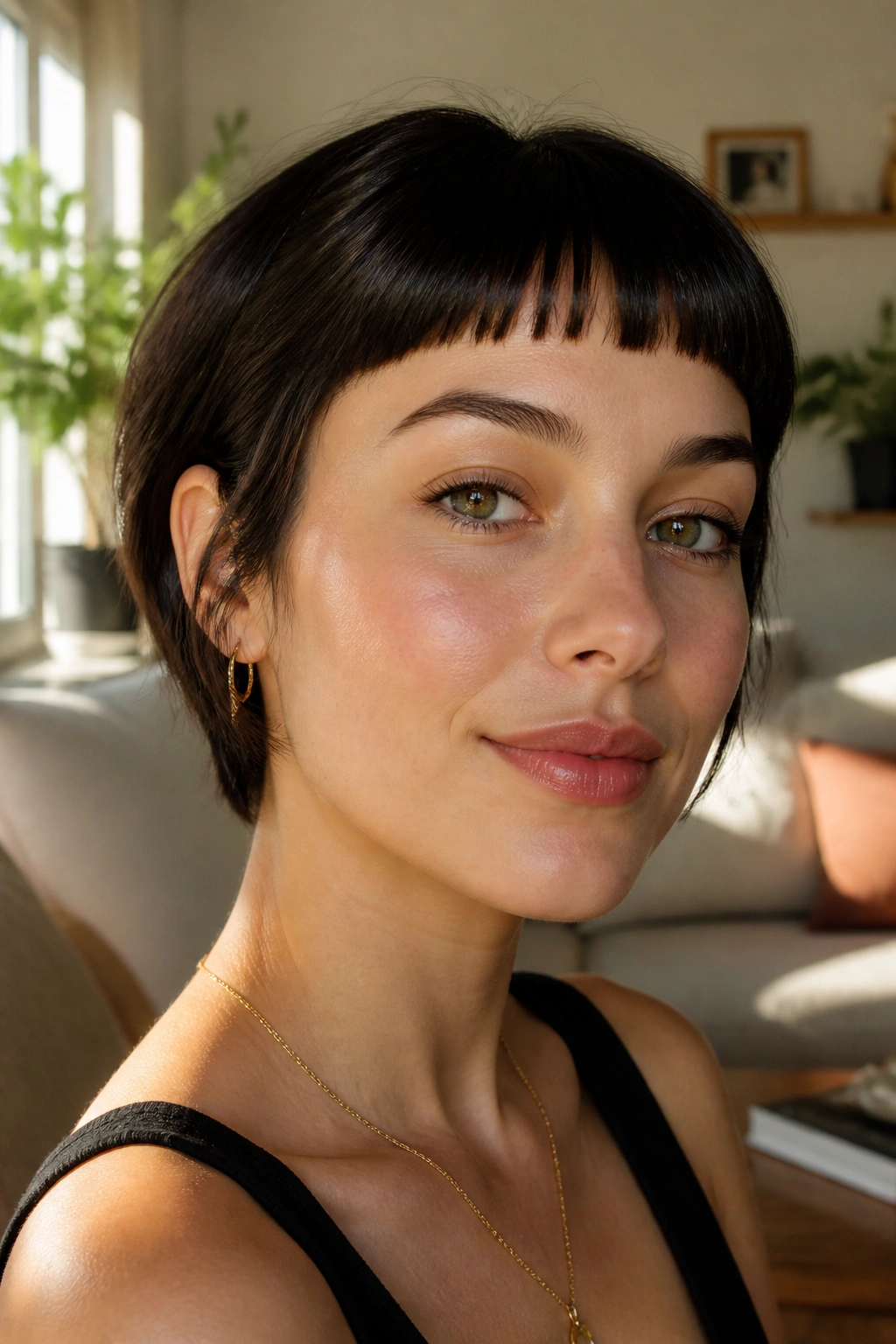 Portrait of a woman with rounded baby bangs and tiny gap