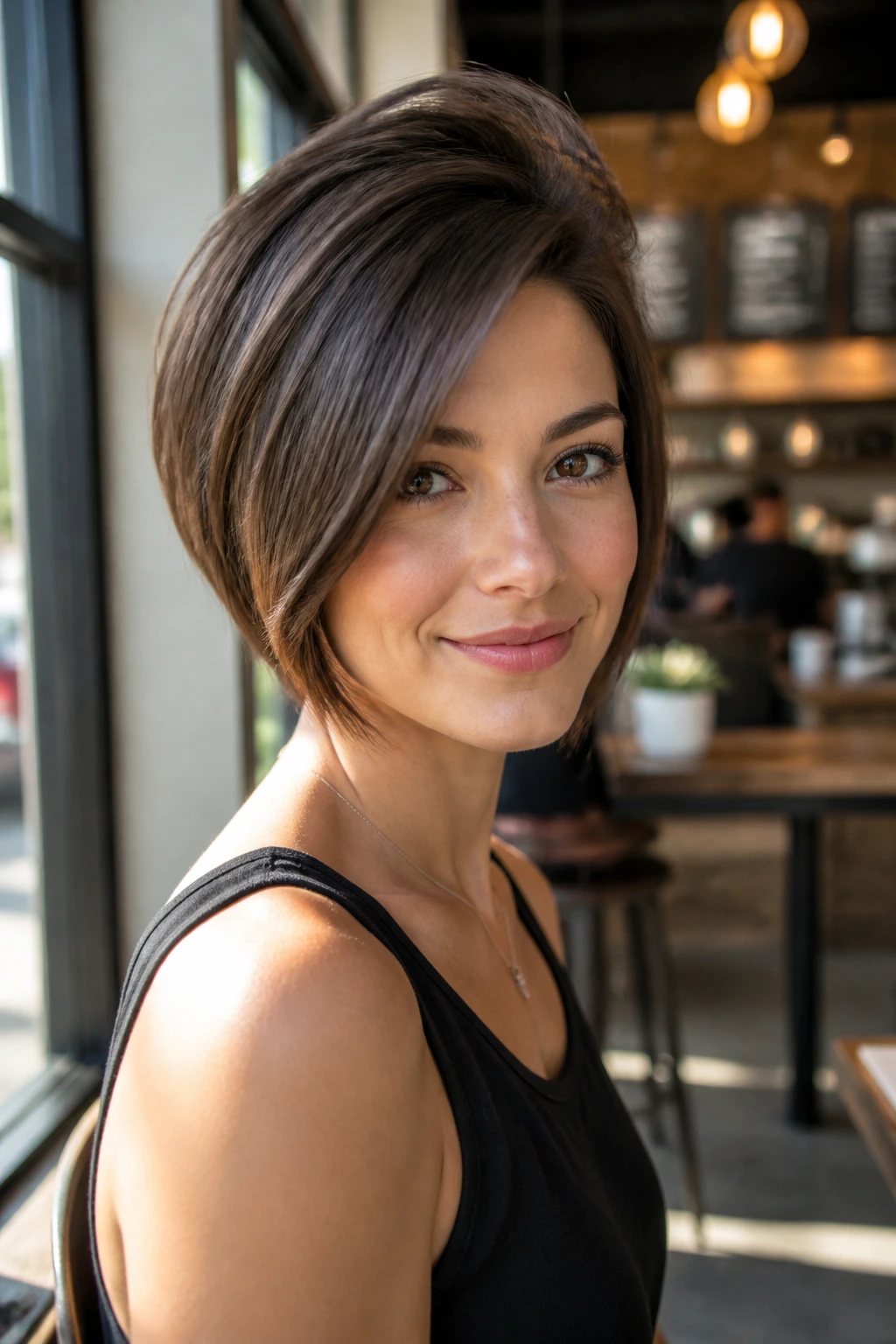 Three-quarter portrait of a real person with a rounded-back bob and crown volume
