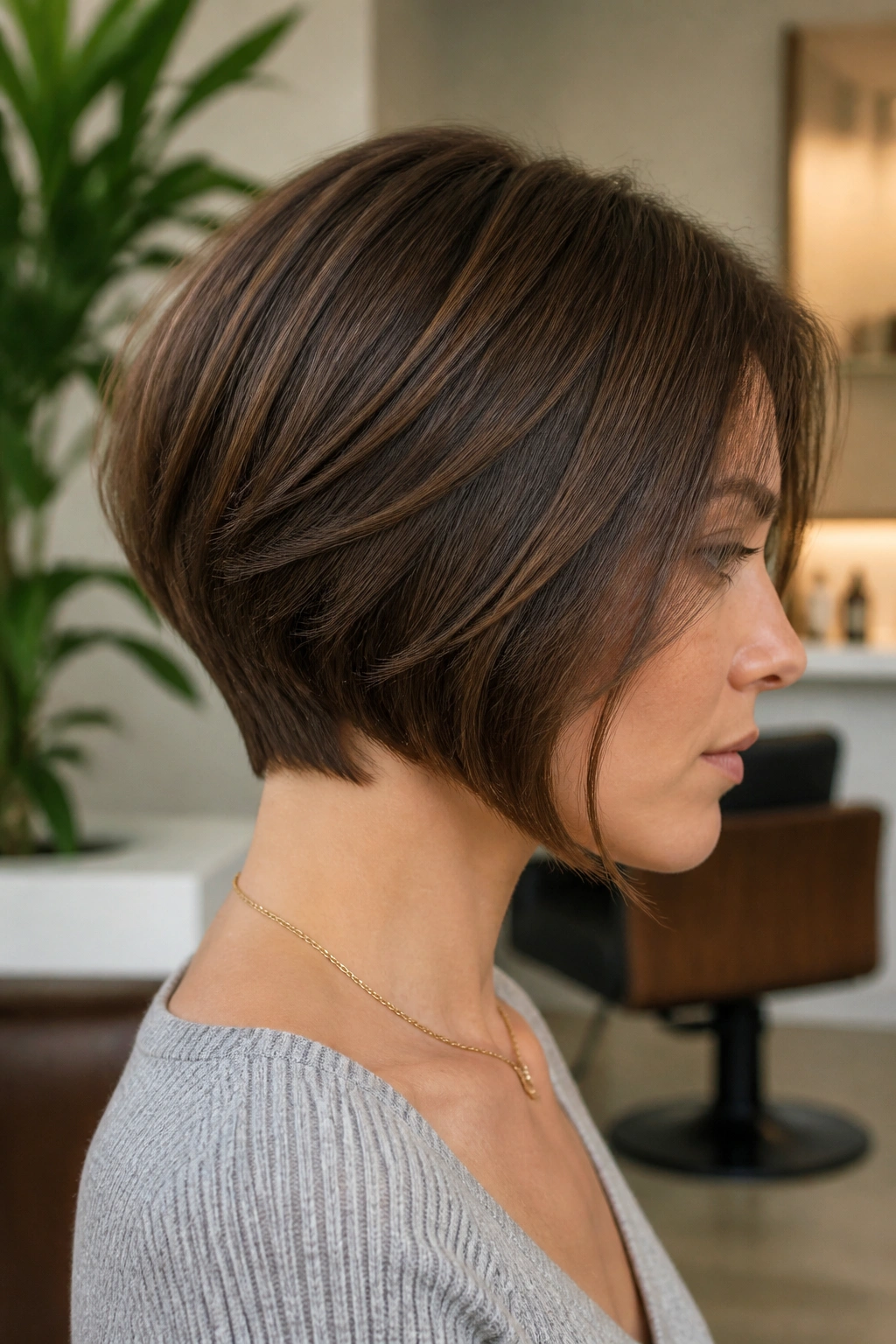 Portrait of a real woman with rounded-back bob tucked at nape.