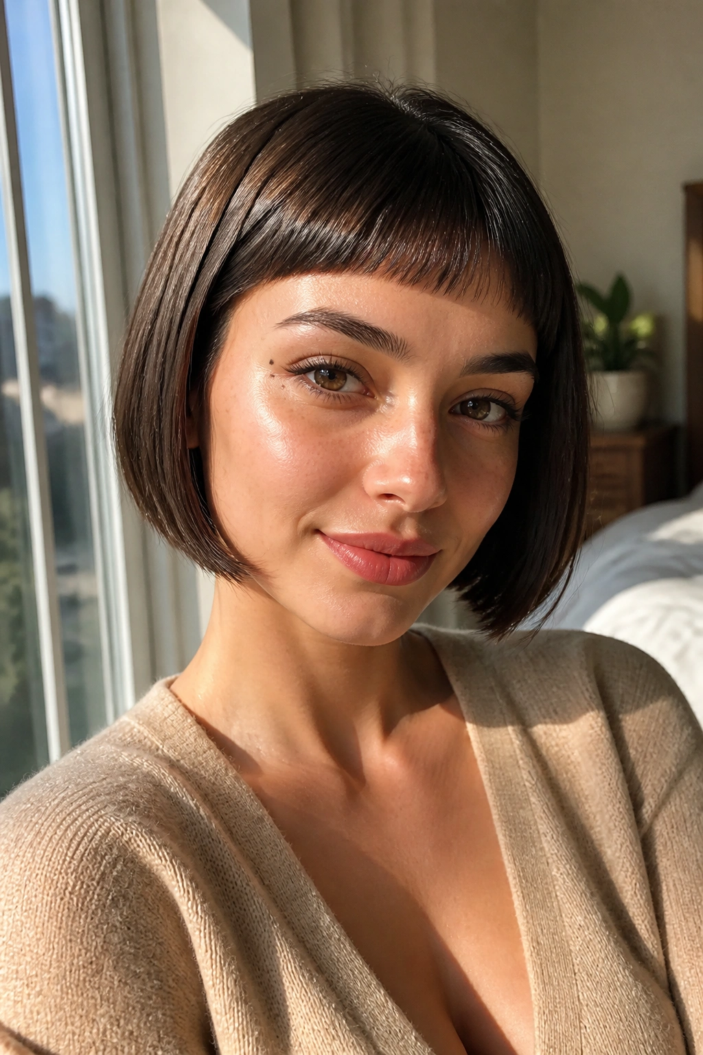 Close-up of rounded baby bangs with a chin-length bob in warm window light