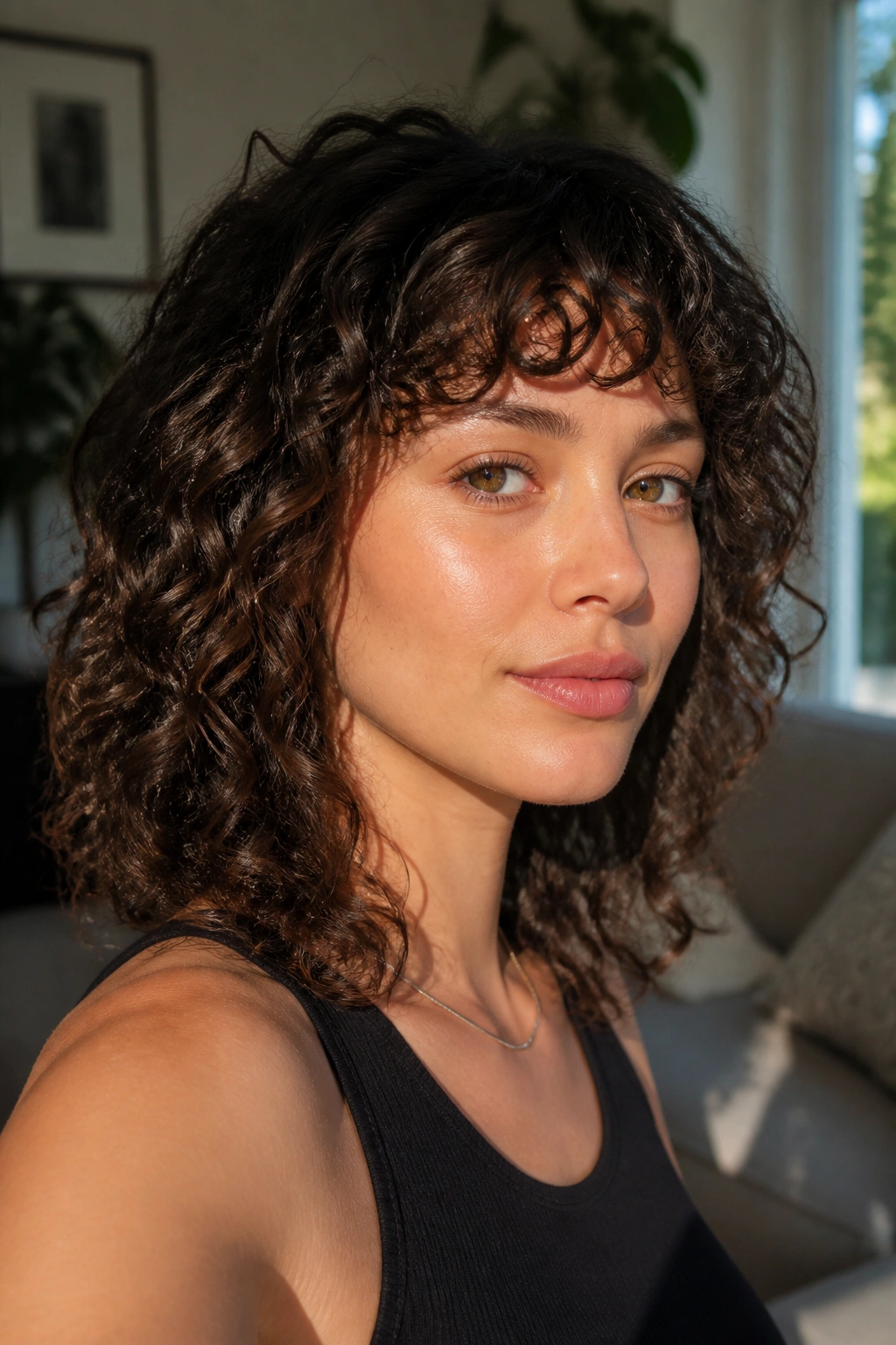 Real woman with rounded curly bangs at brow bone, 3/4 view.