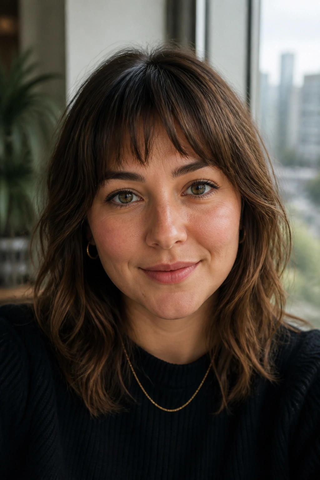 Close-up portrait of a real woman with rounded bangs and choppy texture