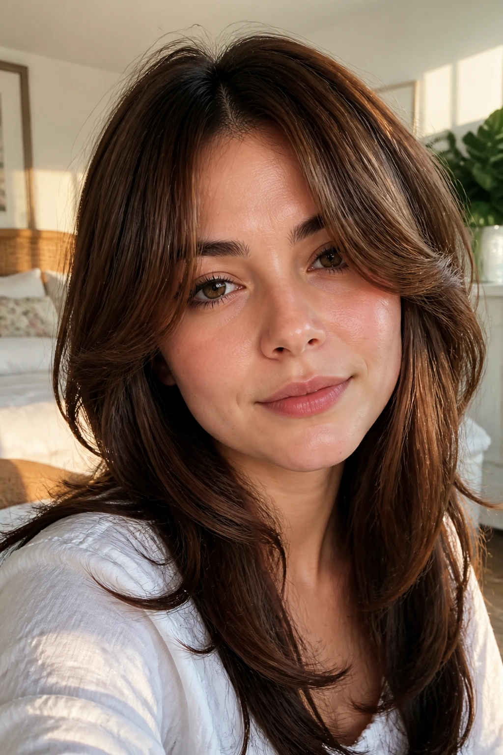 Close-up portrait of a real woman with rounded U-shaped bangs.