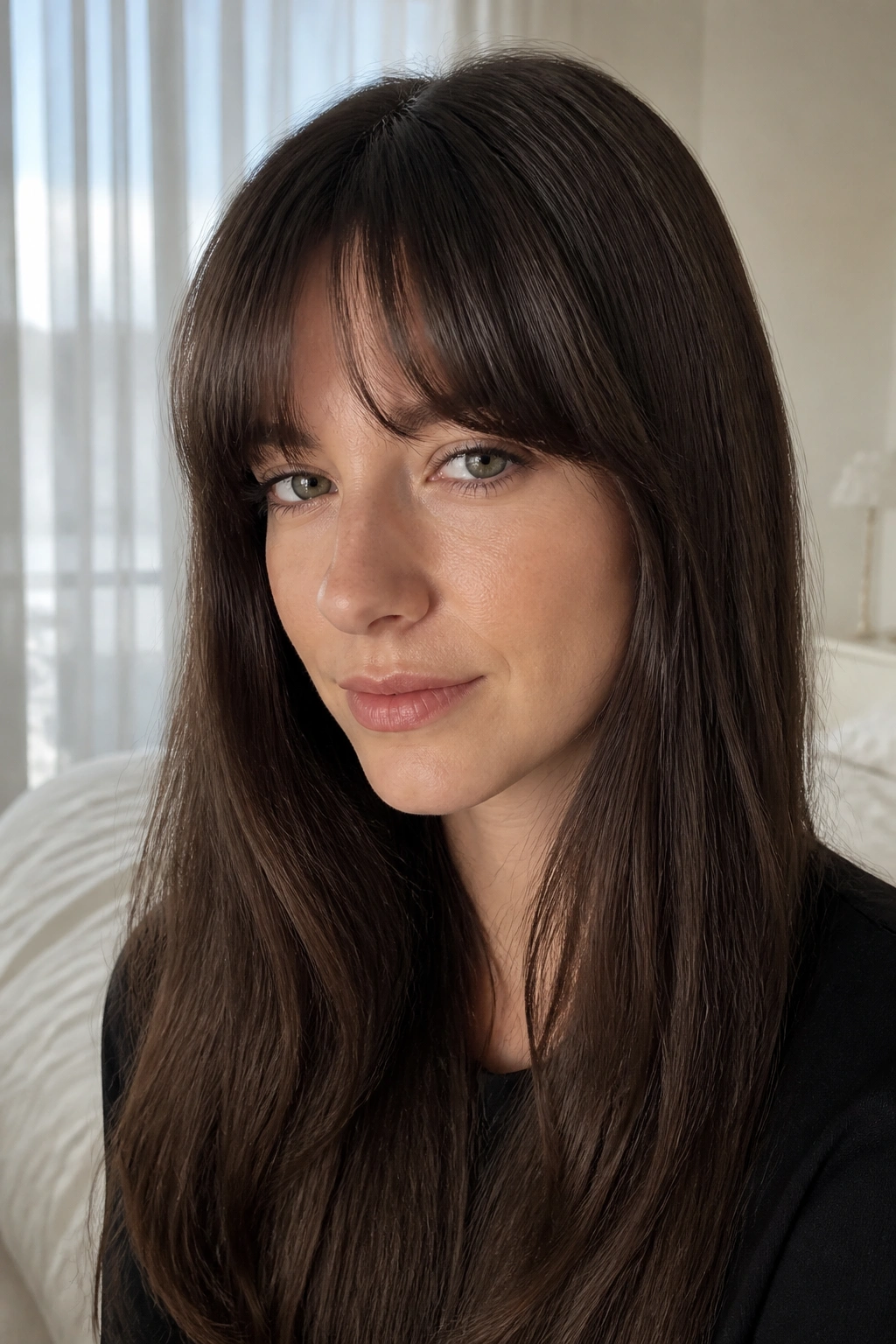 Close-up portrait of a real woman with rounded French bangs