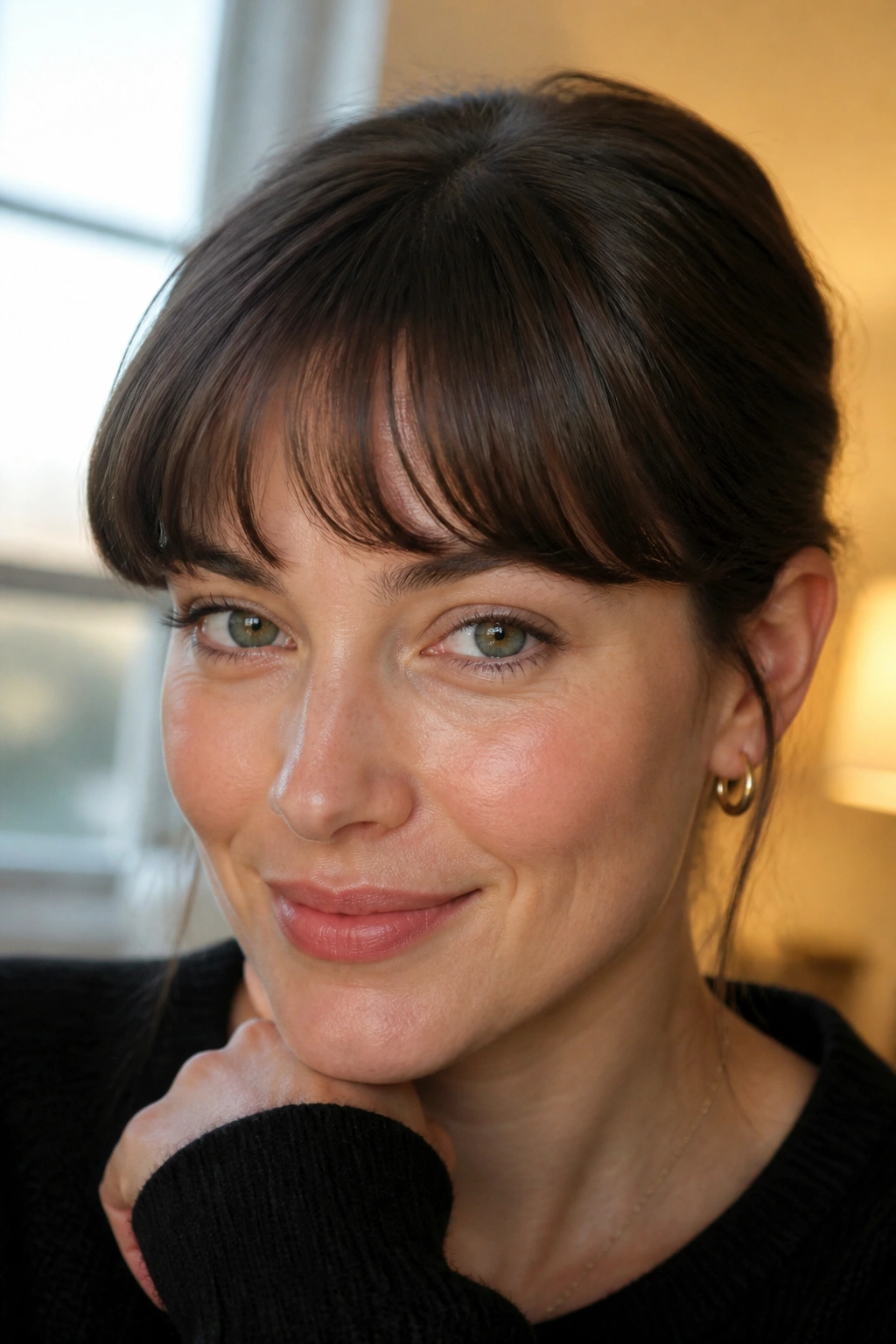 Real woman wearing rounded French bangs in a warm indoor setting