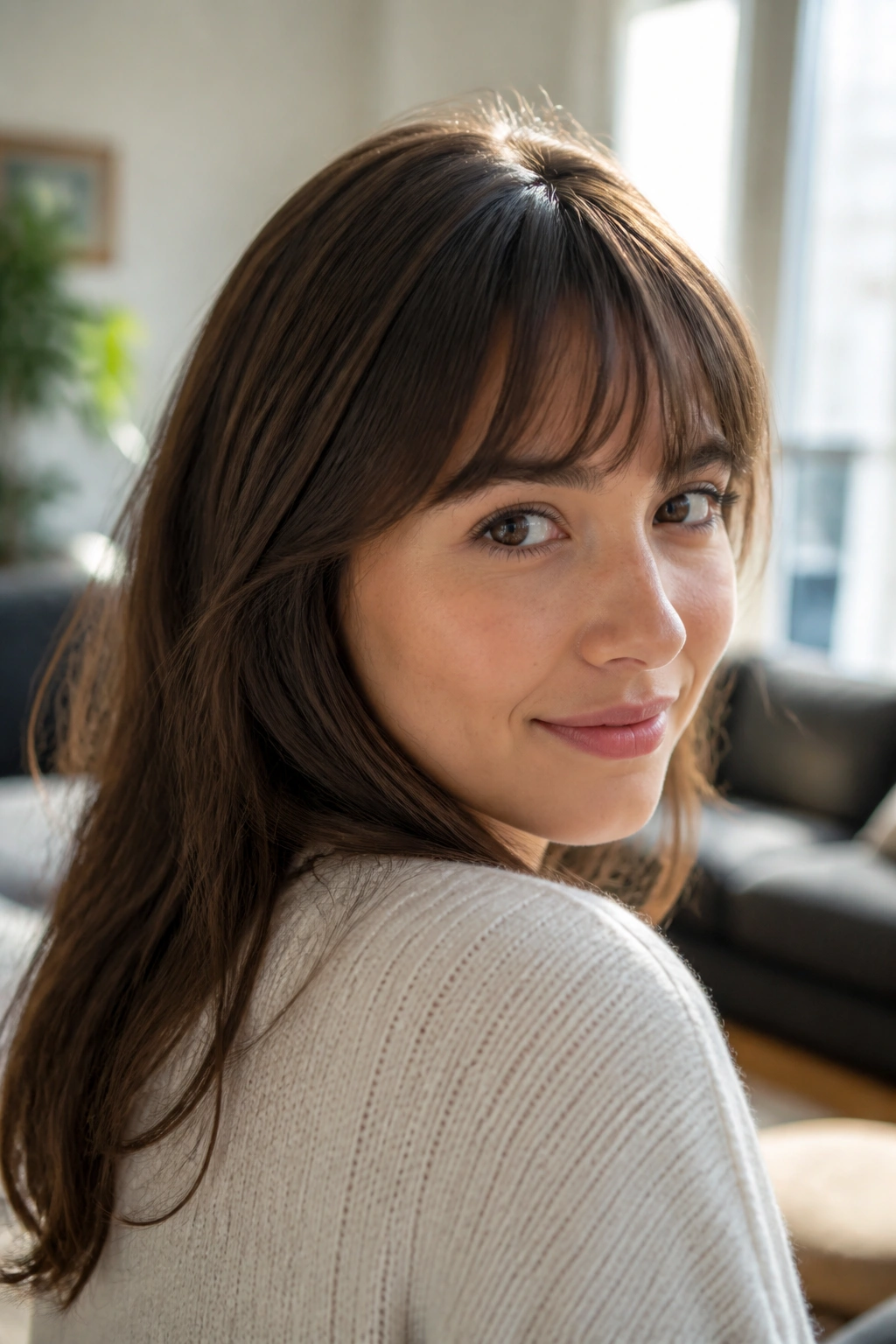 Close-up of a real woman with rounded bangs and tapered corners