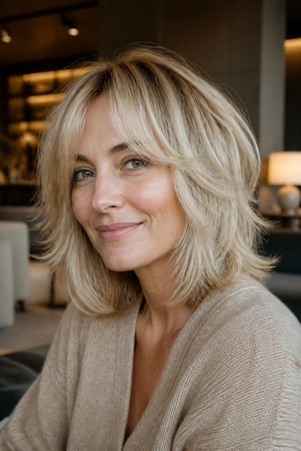 Close-up of a real woman with rounded blonde shag and soft face frame