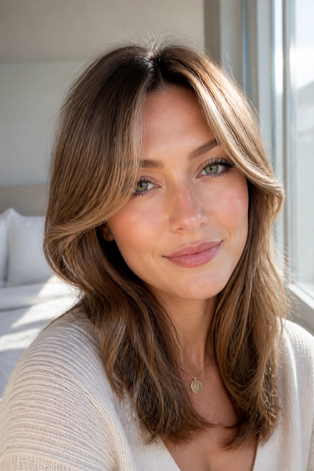 Real woman with rounded blowout curtain bangs, lifted roots and curved ends in natural light