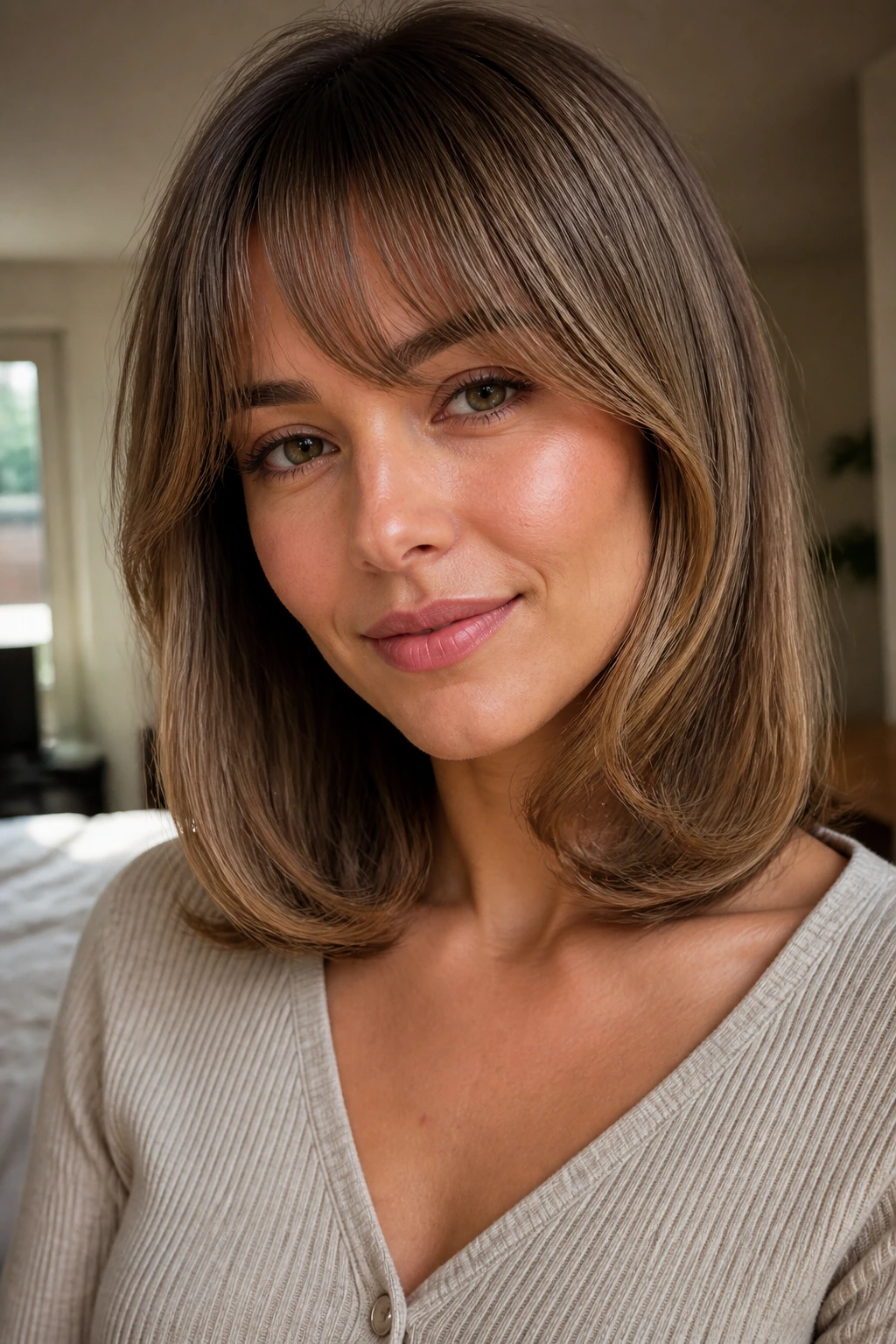 Close-up of a real woman with rounded blowout and French fringe