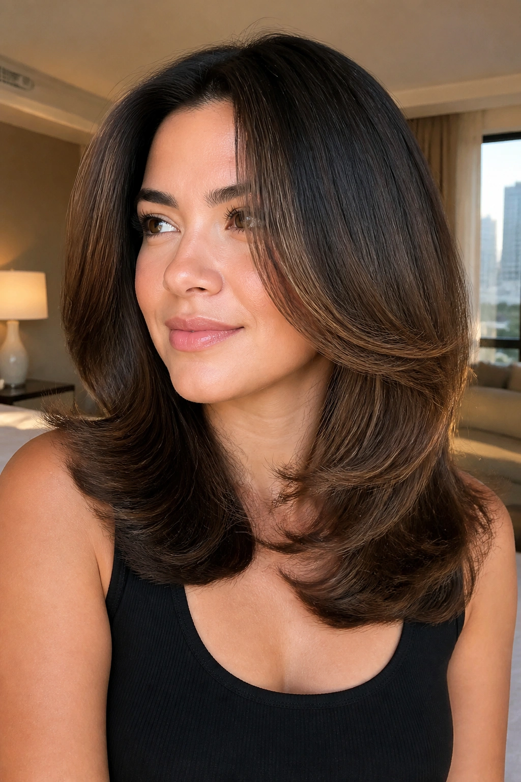 Close-up of a real person with rounded blowout layers and bouncy ends