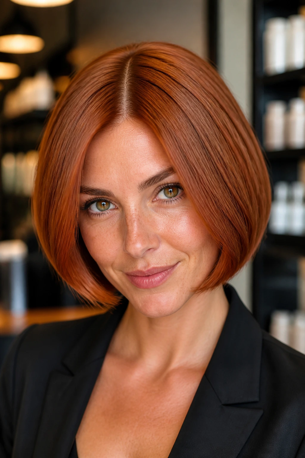 Close-up of a real woman with rounded bob and deep center part in auburn copper