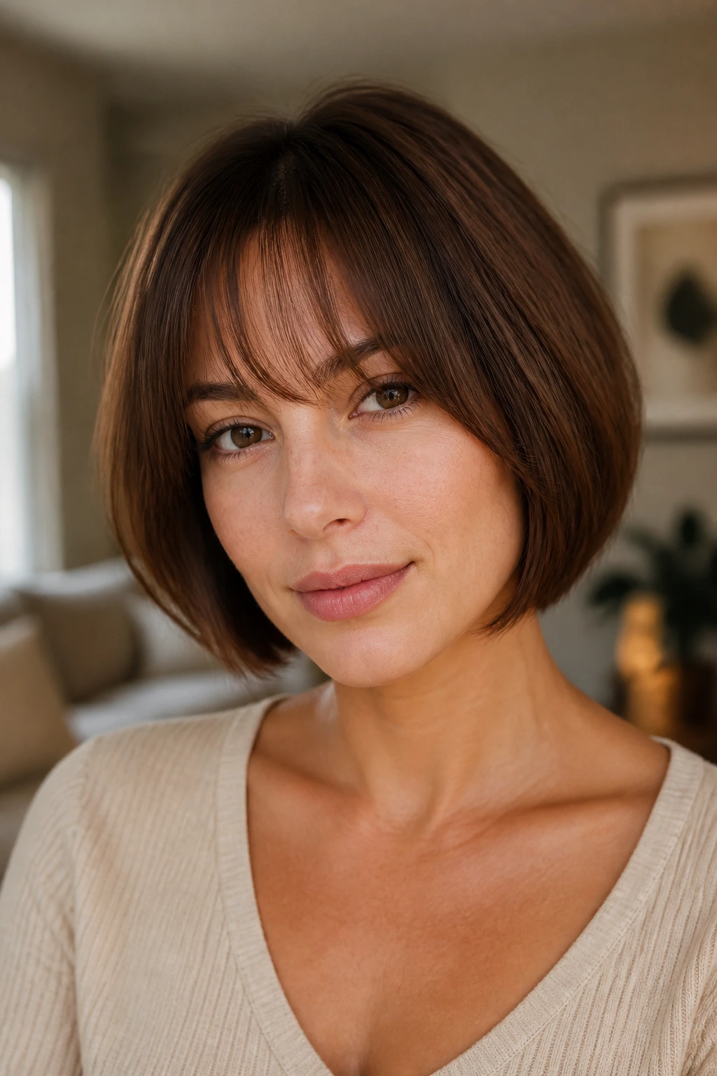 Close-up of a real woman with rounded bob and bottleneck bangs in warm light