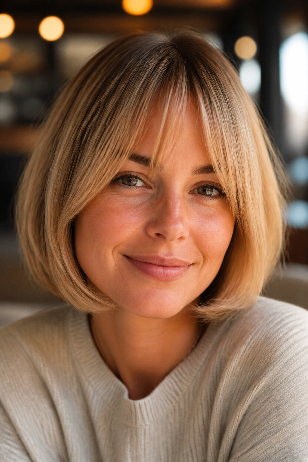 Close-up of a real woman with rounded bob and bottleneck fringe