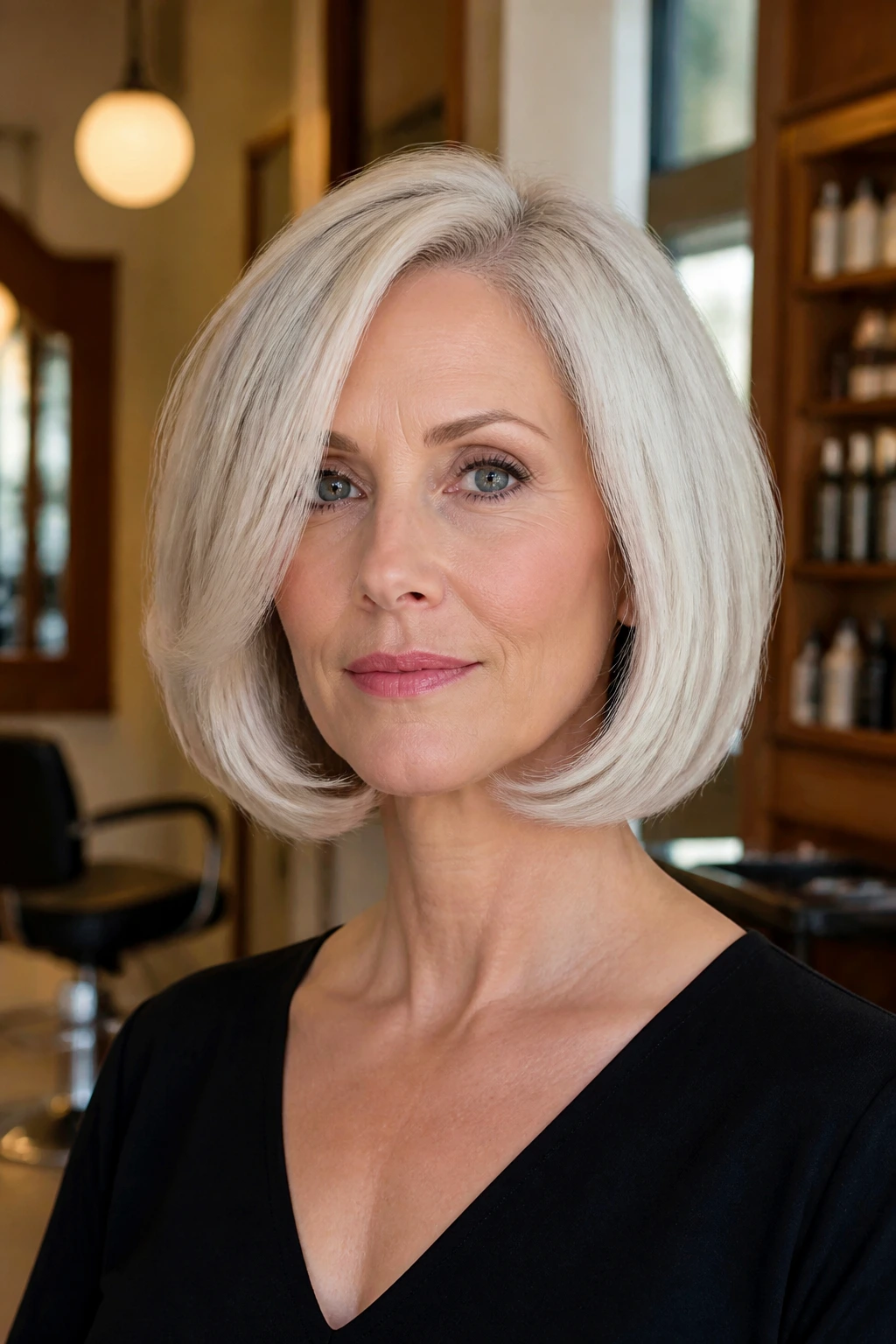 Portrait of real woman with rounded brush-set bob in platinum.