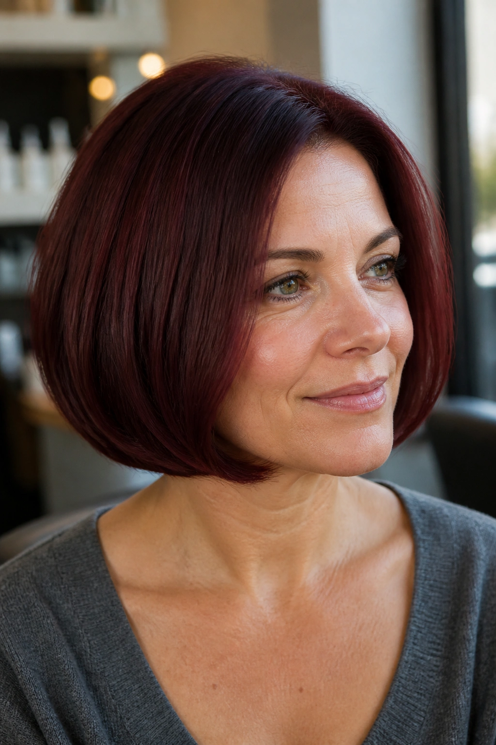 Close-up of a real woman with a burgundy rounded bob and tucked ends