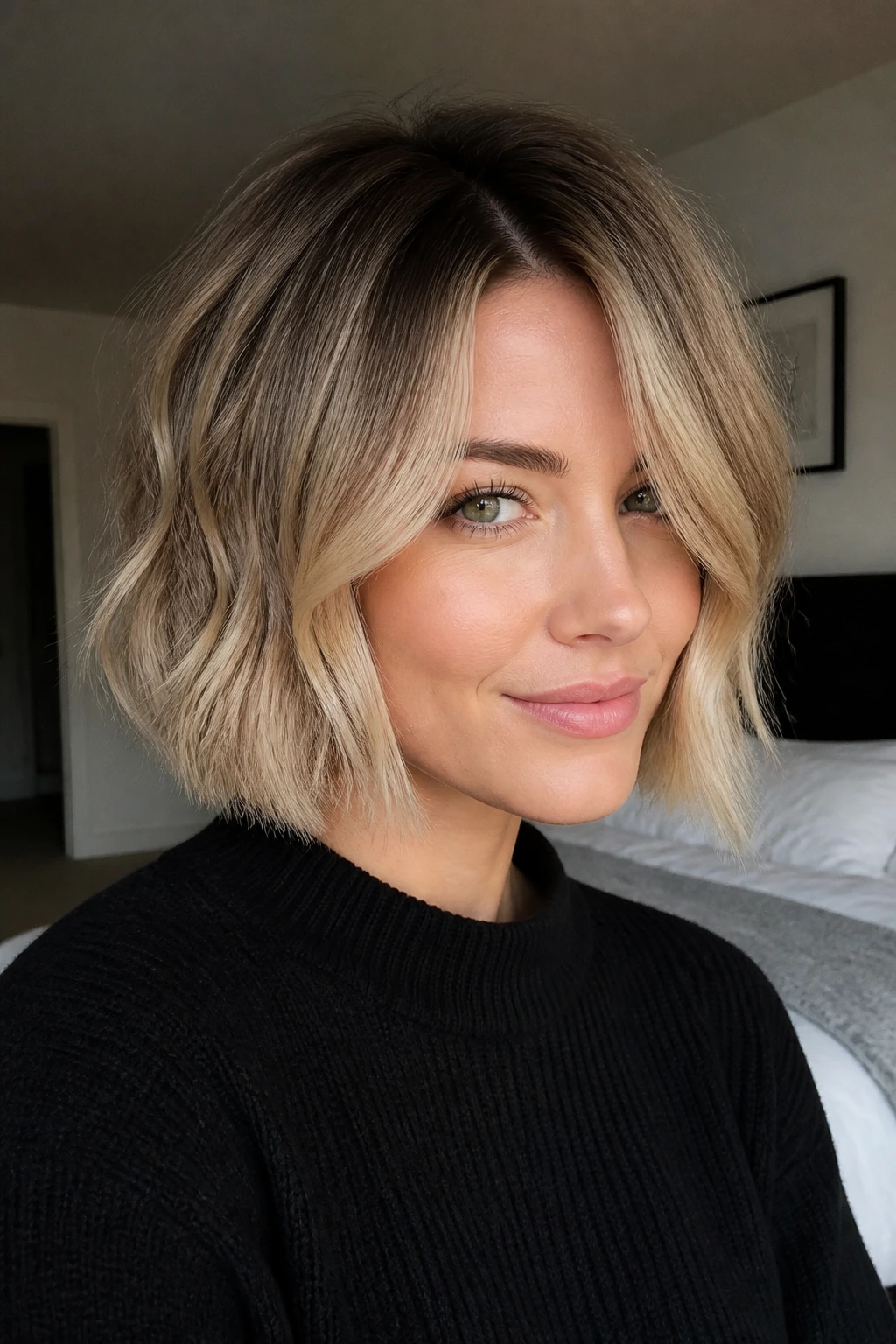 Close-up of a woman with a chin-length rounded bob and champagne blonde ends with dark roots
