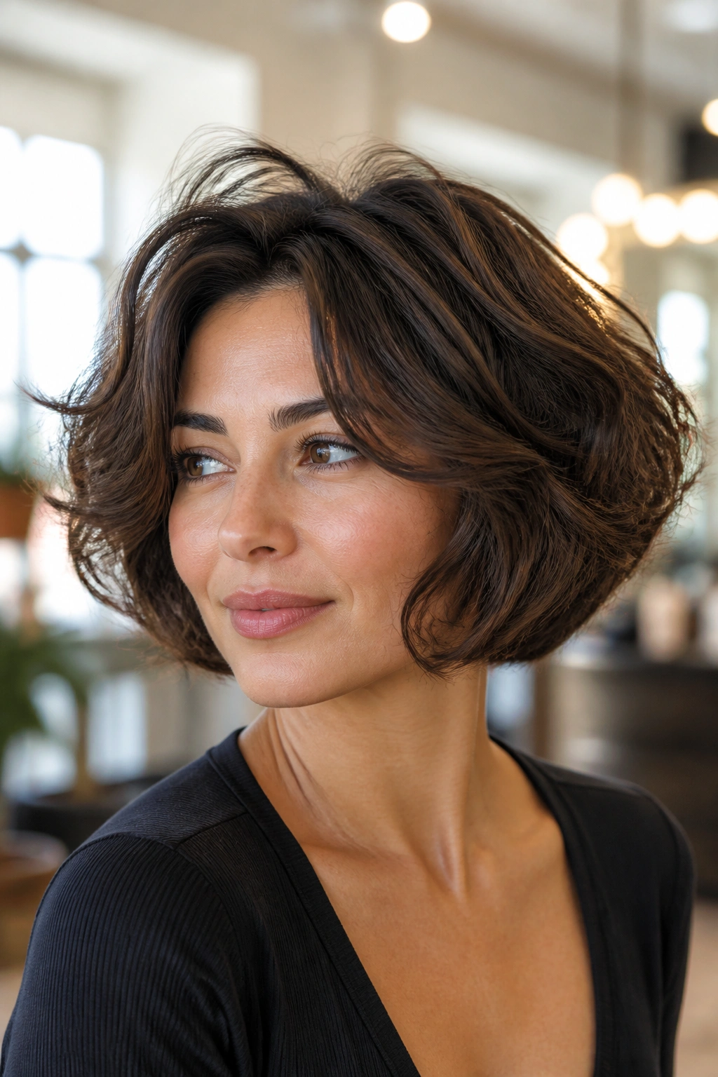 Close-up of a real woman in a rounded bob with crown layers