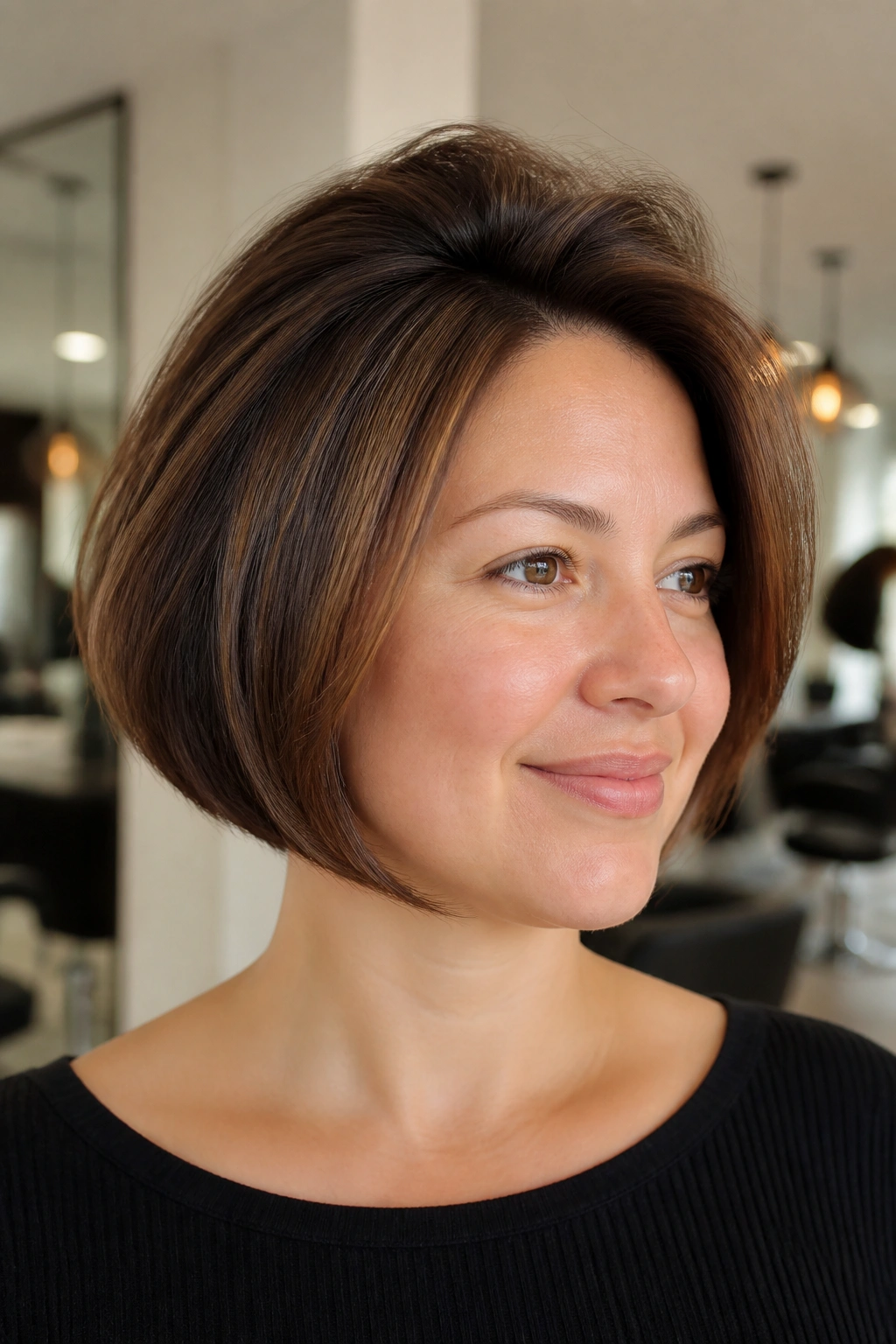 Close-up of a real woman with a rounded bob and crown lift, showing elevated crown and tapered sides.