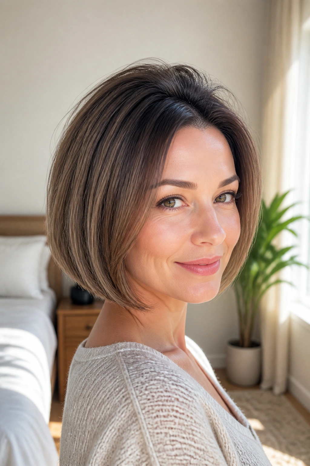 Real woman with rounded bob and crown lift in soft morning light