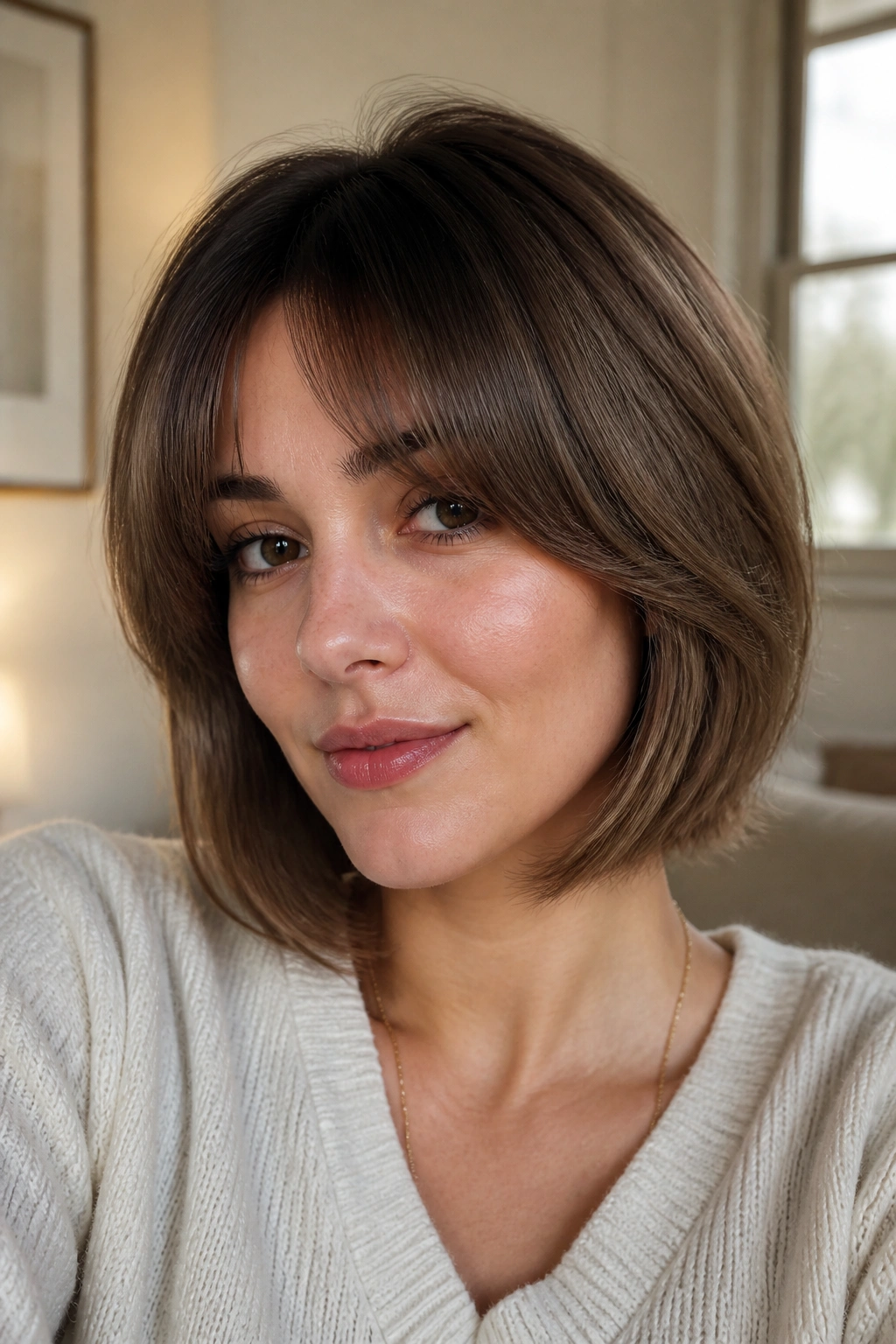 Close-up portrait of a real woman with a rounded bob and curtain bangs in natural light