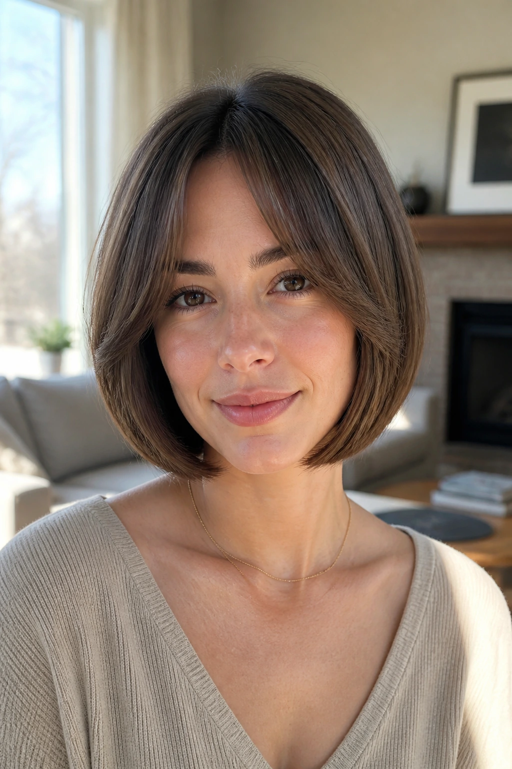 Portrait of a real woman with rounded bob, curtain bangs and full perimeter