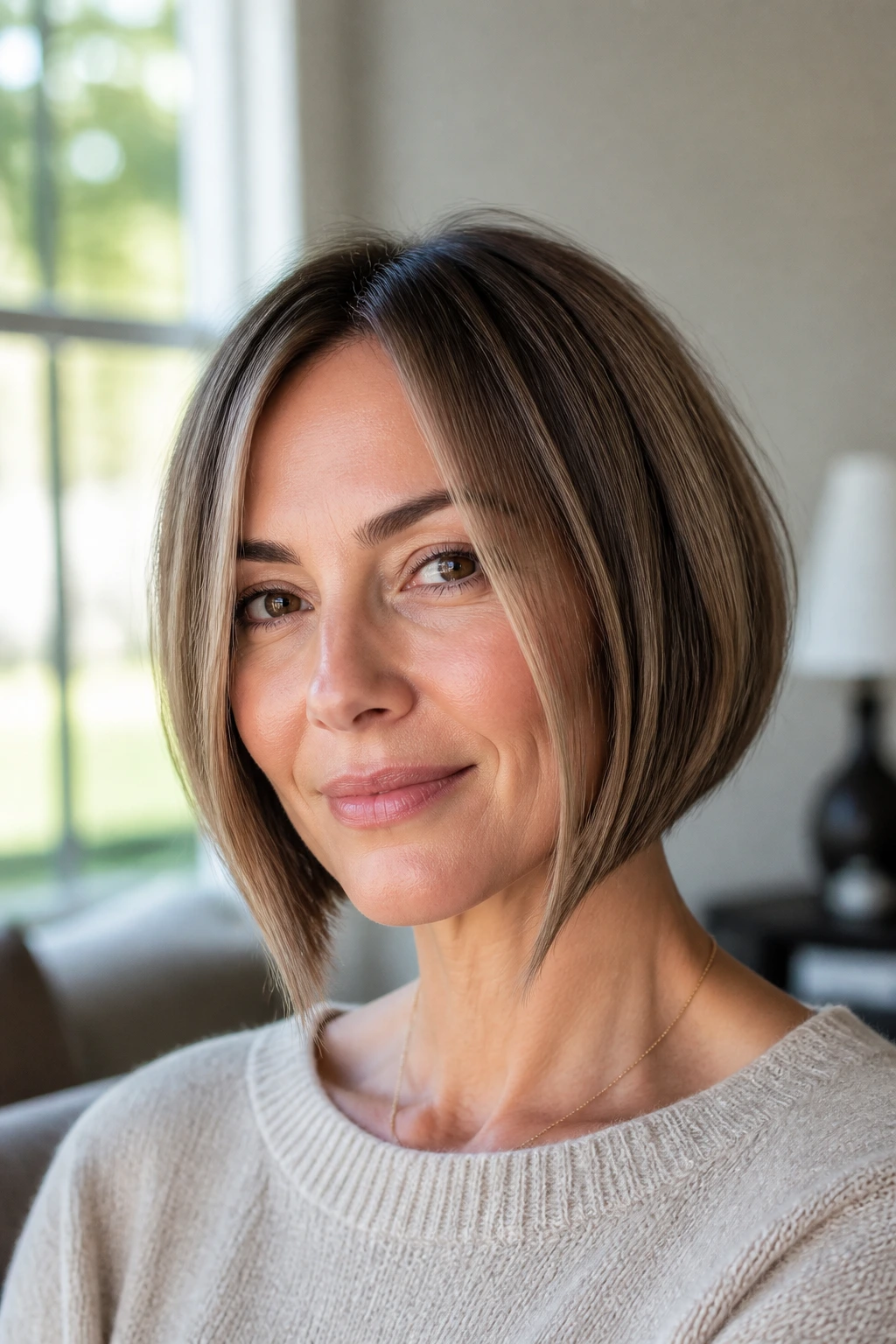 Close-up of a woman wearing a rounded bob with long front pieces framing the face