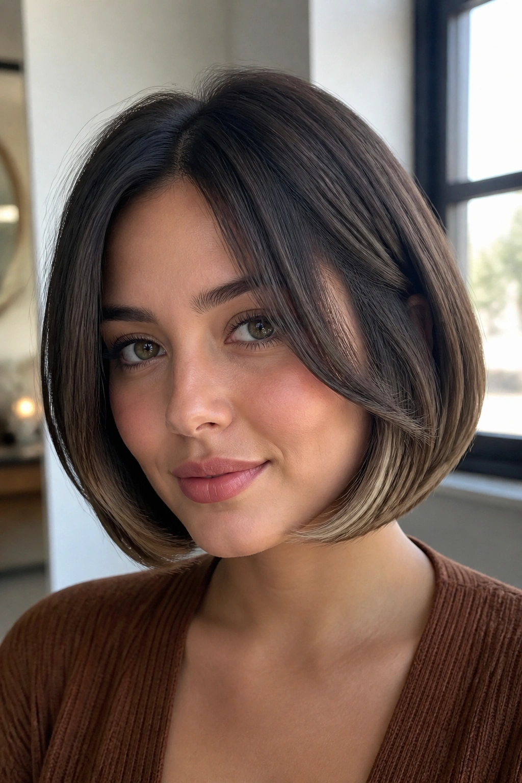 Close-up portrait of a real woman showing a rounded bob with face-framing pieces below cheekbones.