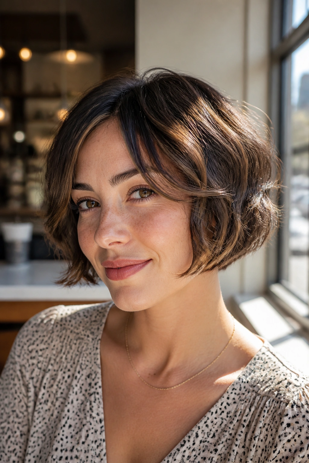 Rounded bob with face-framing layers on a real person