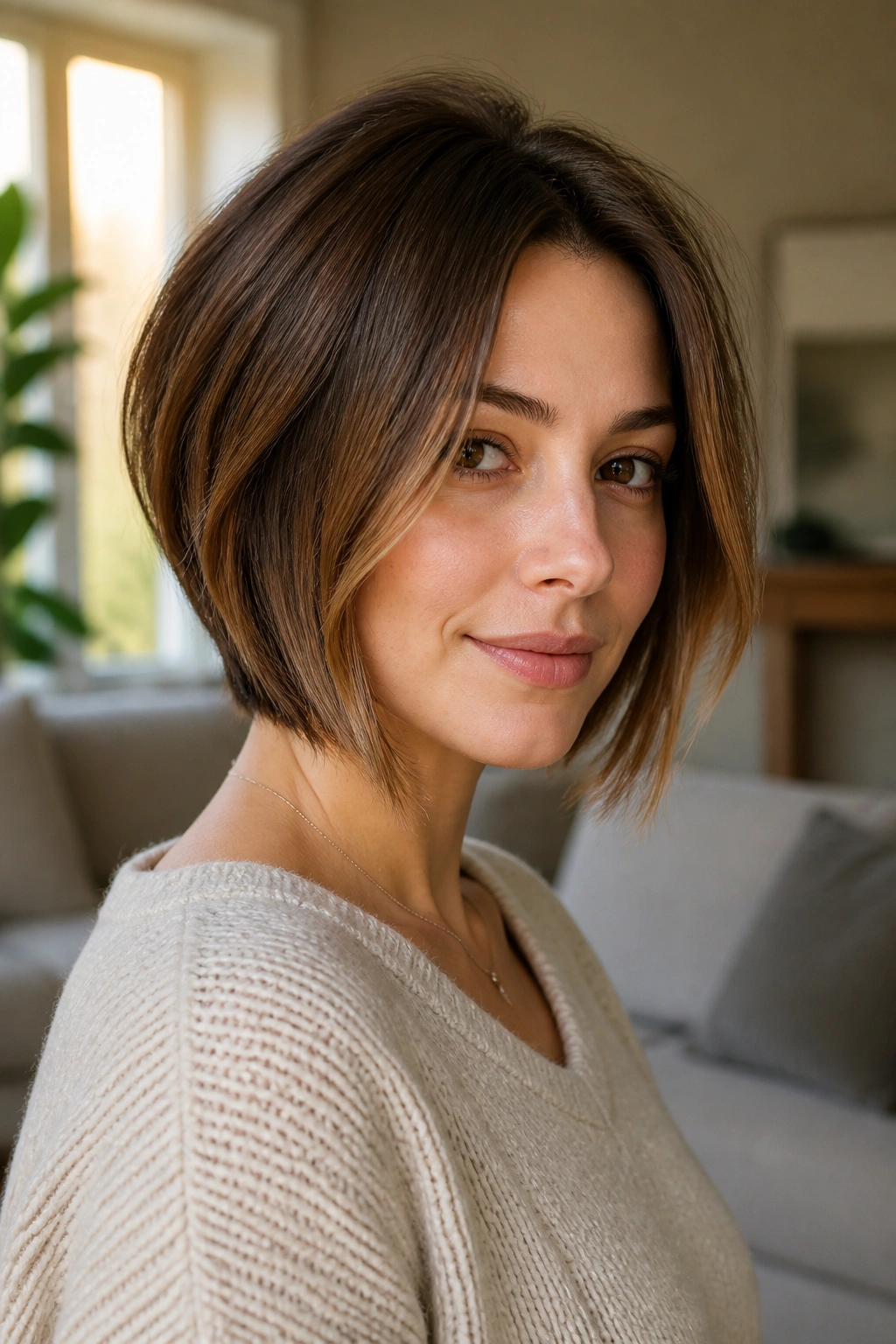 Close-up of a person with a rounded bob and face-framing pieces
