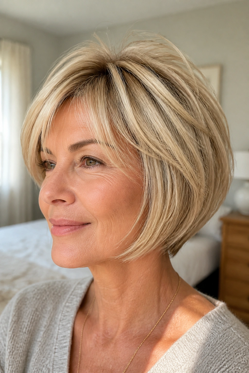 Close-up of a woman with a rounded bob and feathered crown in soft morning light