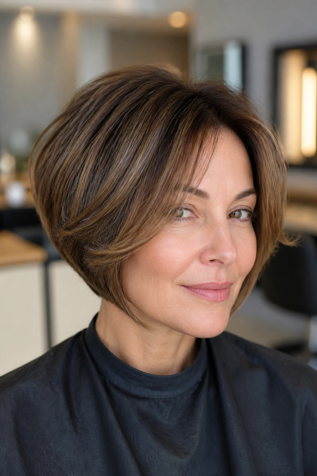 Close-up of a real woman with rounded bob and face-framing pieces in a warm salon