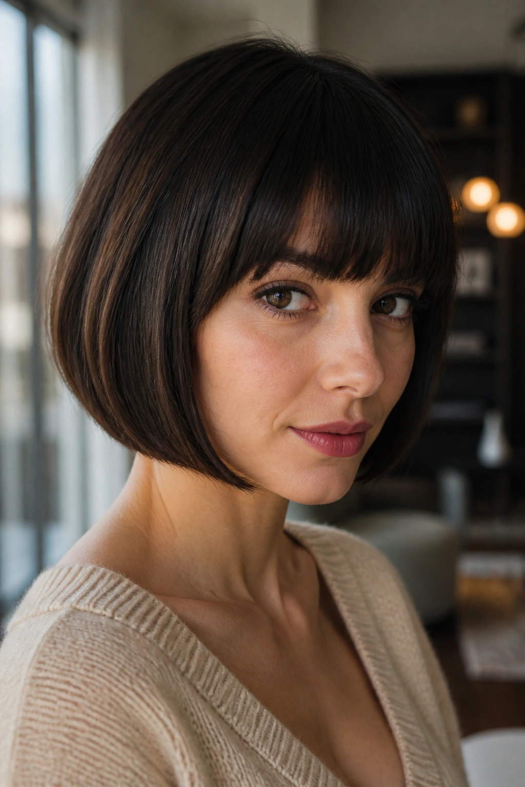 Close-up of a real woman with rounded bob and full fringe