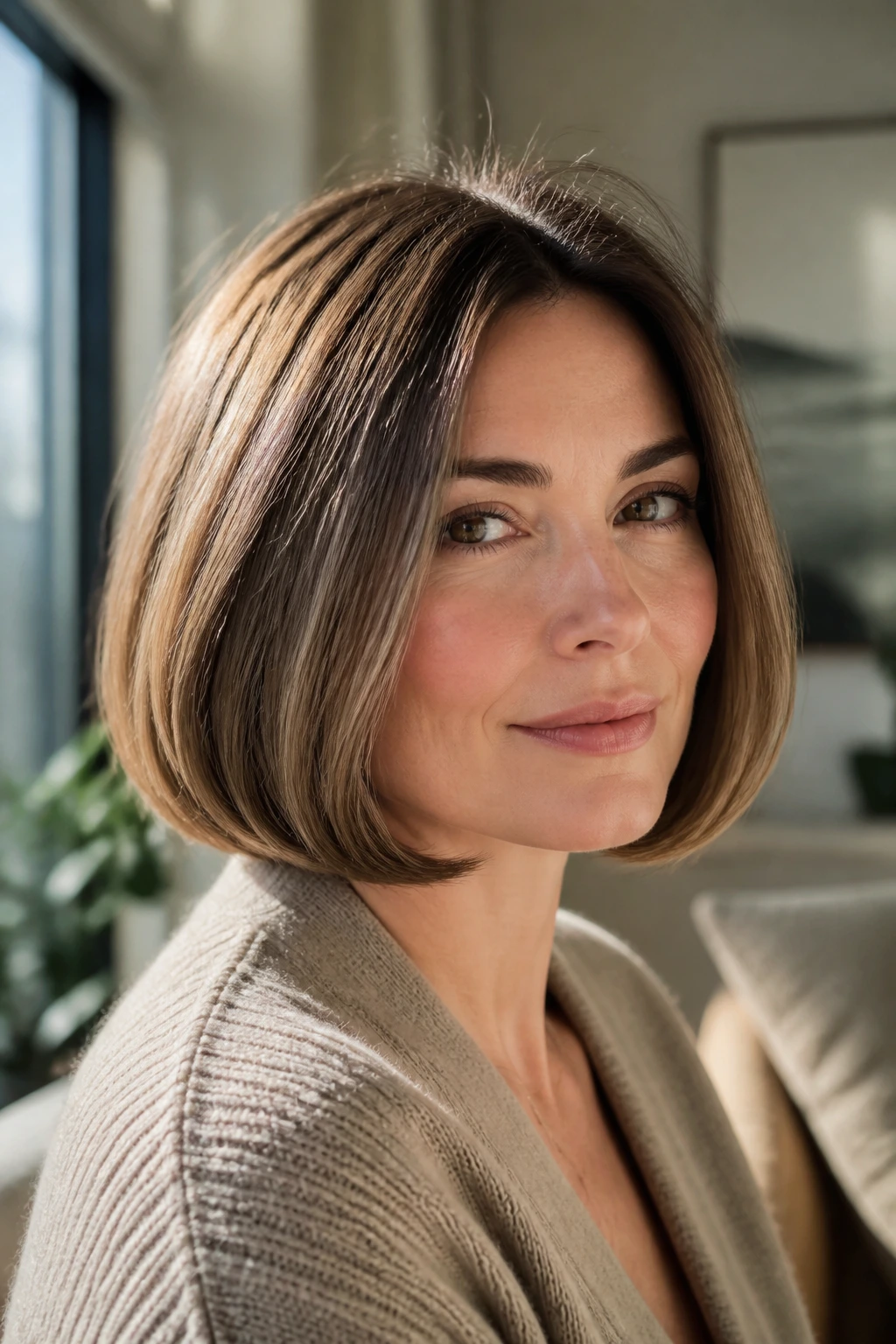 Close-up portrait of a woman with a rounded bob adding fullness to the silhouette