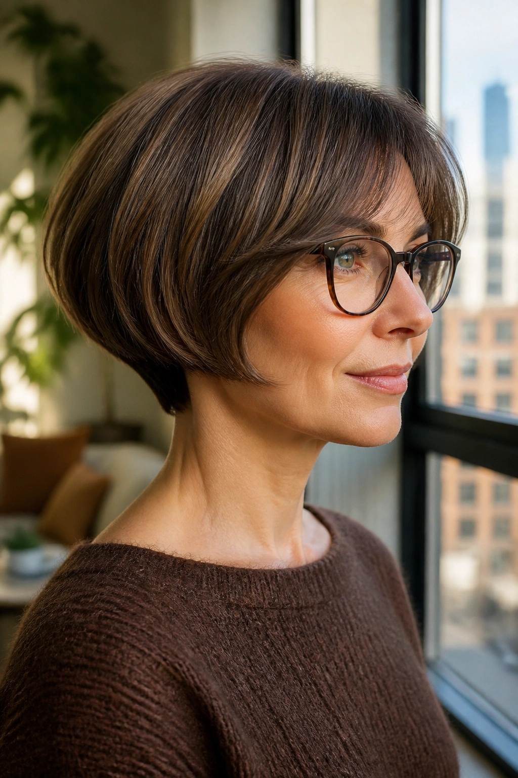 Close-up of a real woman with a rounded bob and slim nape wearing glasses.