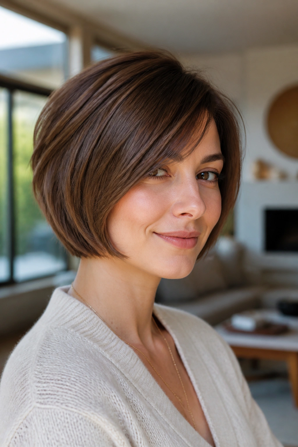 Portrait of a real woman with a rounded bob and soft graduation in natural light