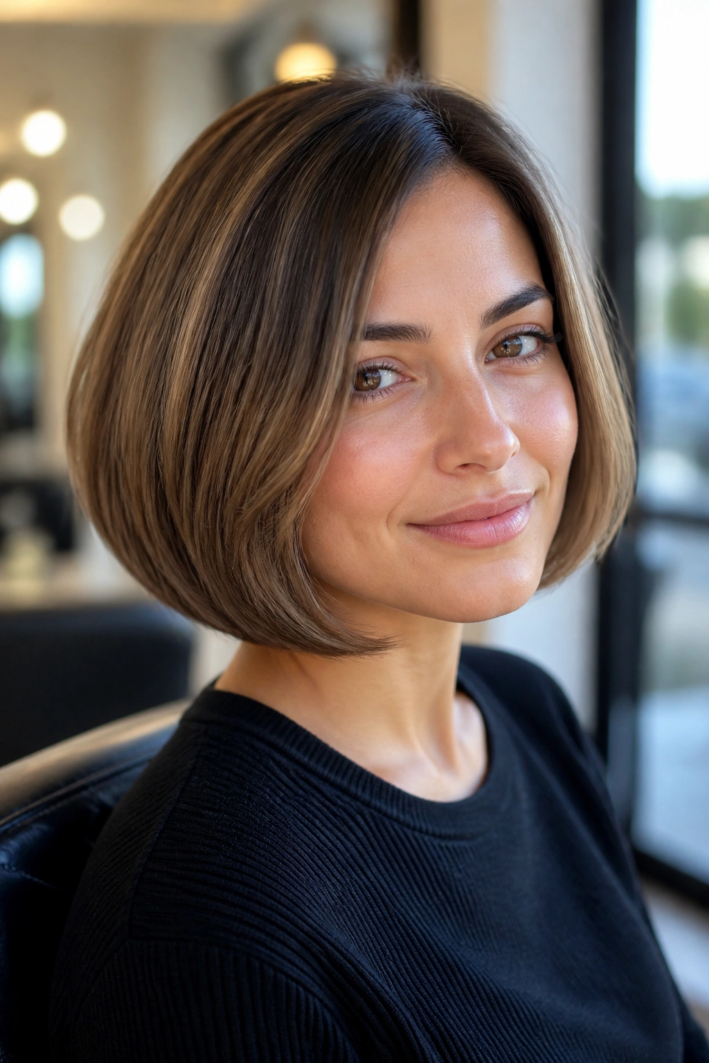 Close-up of a real woman with a rounded bob hairstyle that curves under the chin