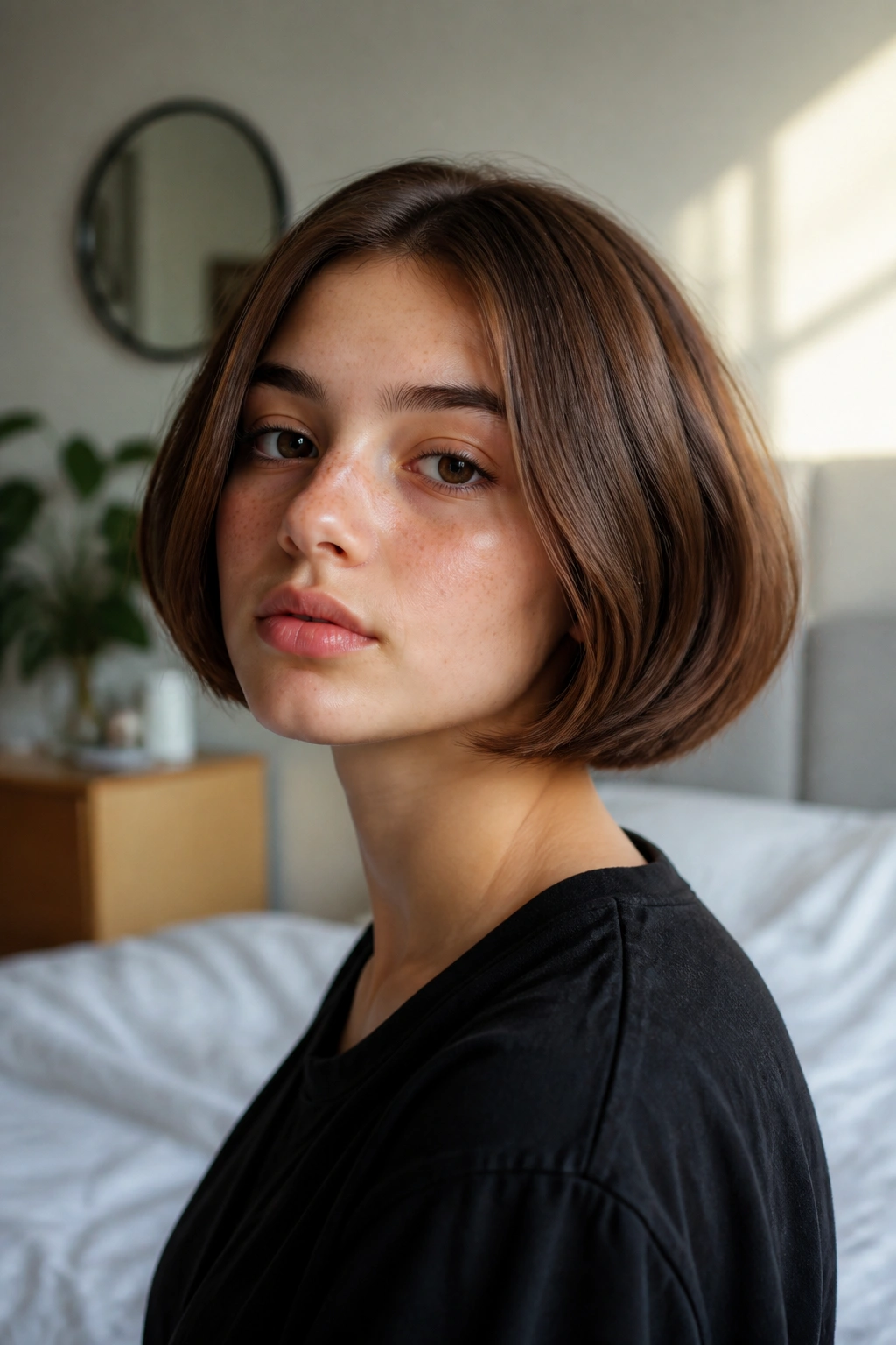 Close-up portrait of a girl with a rounded bob framing the jaw in warm bedroom light